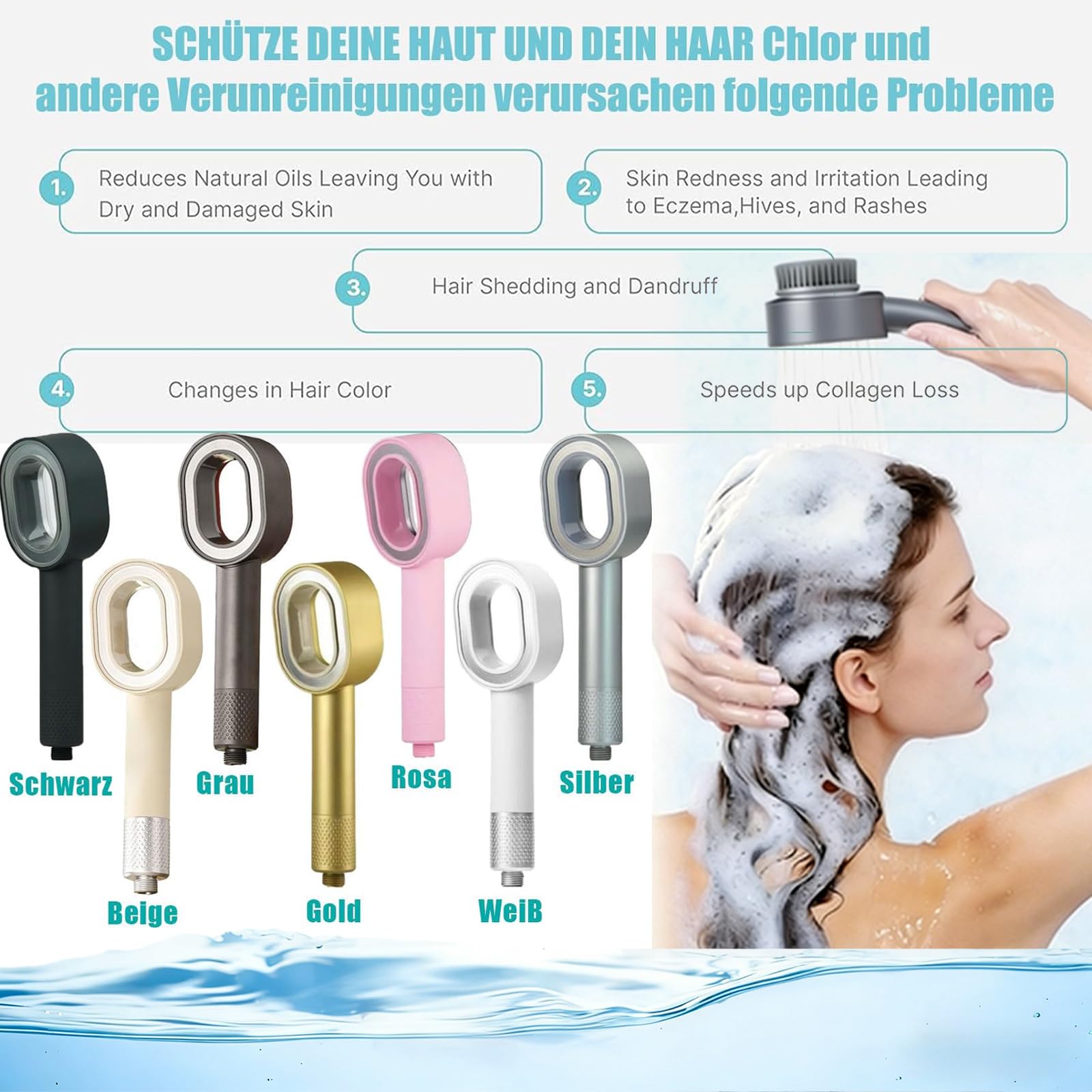 Alcachofa de ducha con filtro de carbón activo, cabezal de ducha de masaje de alta presión, 3 en 1, antical, elimina el cloro residual de agua dura y metales pesados + accesorios (rosa, filtro)