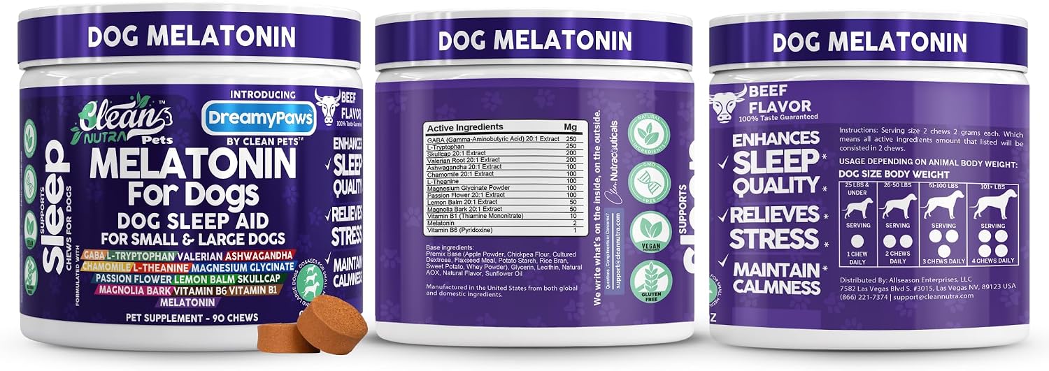 Dreamy Paws Melatonin for Dogs Dog Calming Sleep Supplement - Melatonin GABA Tryptophan Valerian Magnolia Bark Passion Flower Magnesium Ashwagandha Restful Sleep 90 Chews Beef Flavor by Clean Pets