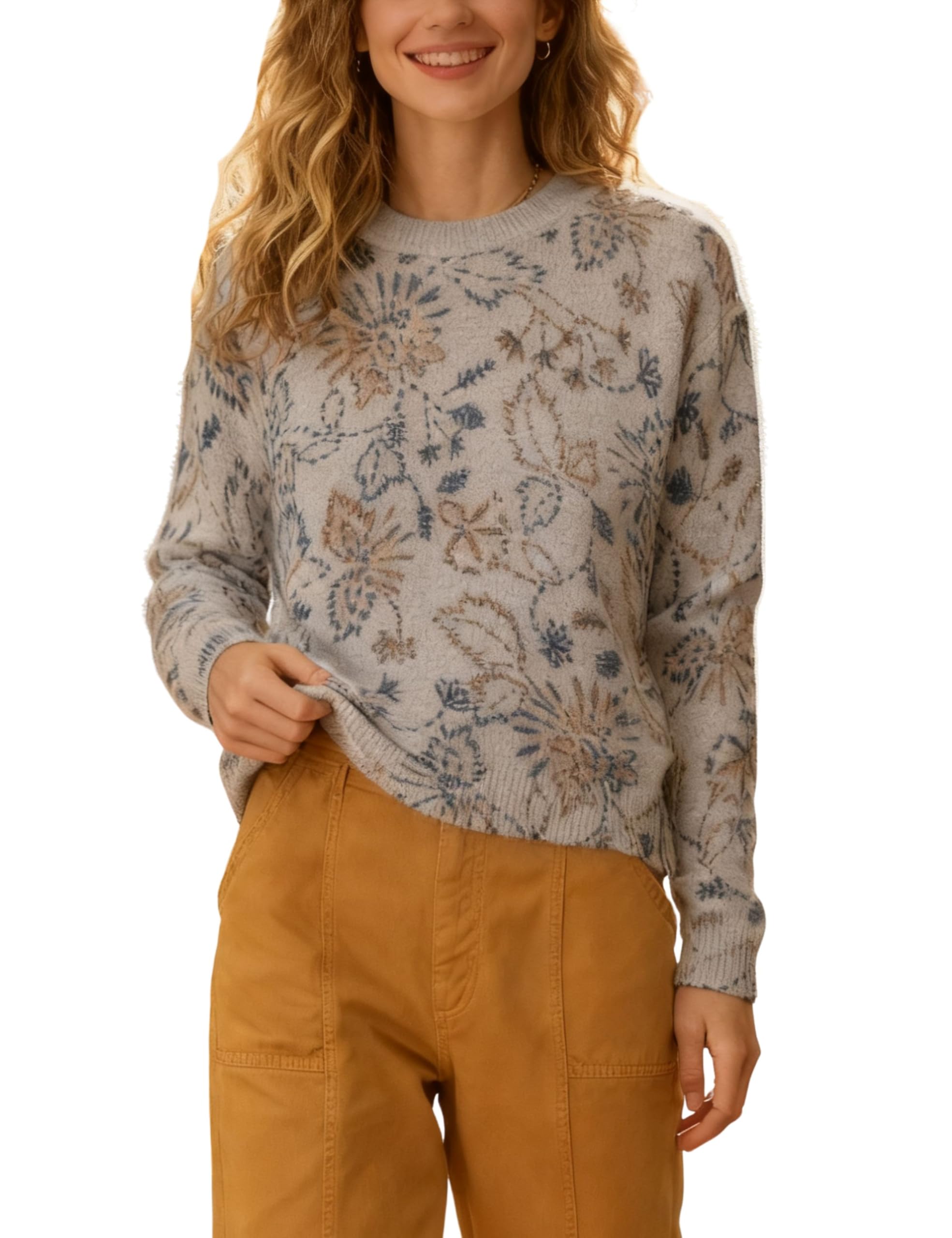 Womens Floral Print Pullover Sweater Crew Neck Long Sleeve Soft Knit Jumper Top for Fall Casual Wear