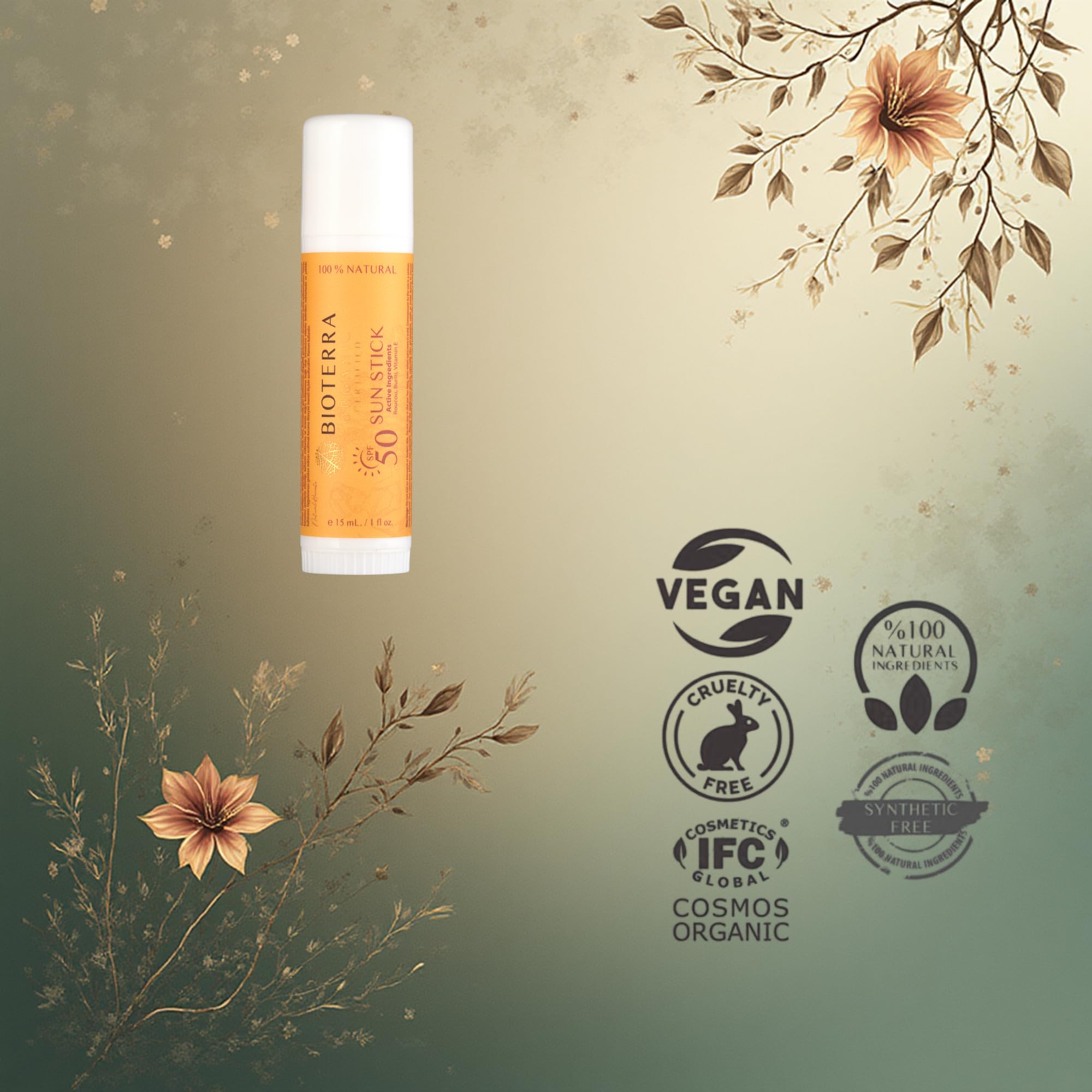 Bioterra SPF 50 Stick Güneş Kremi – Yüksek UVA/UVB Koruma PA++++, Balmumu İçeren Nemlendirici Formül, Kuru Ciltler İçin Koruyucu Bariyer, Pratik Stick Güneş Koruyucu