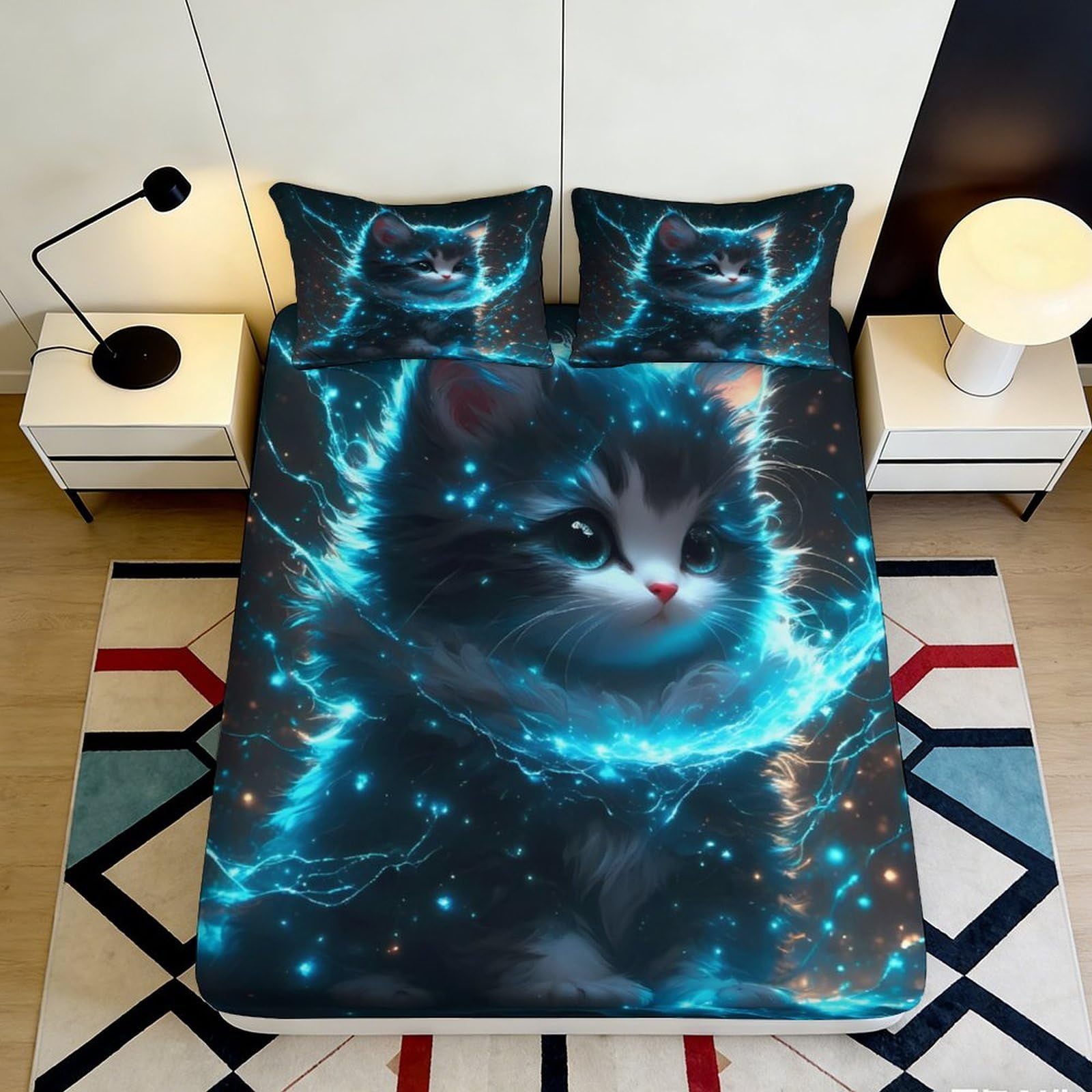 Pnayamiorkfel Style-5 3D Printed Magical Kitten Fitted Sheet Microfiber Soft Breathable Cosmic Cat Bed Cover For Bedroom Dorm Decor 90X200x25cm