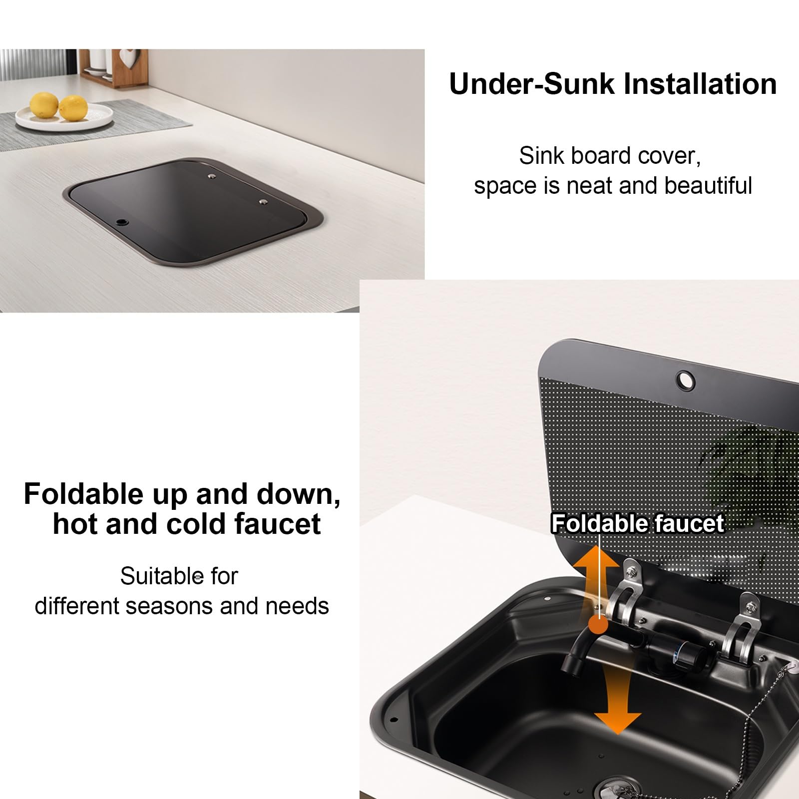 Spülbecken Edelstahl, RV Wohnmobil Spülbecken mit Klapphähnen Und Glasabdeckungen, mit Wasserzulauf- Und -ablaufgarnitur, für Wohnmobilanhänger, Caravan Und Yachten, 42x37x15cm, Schwarz