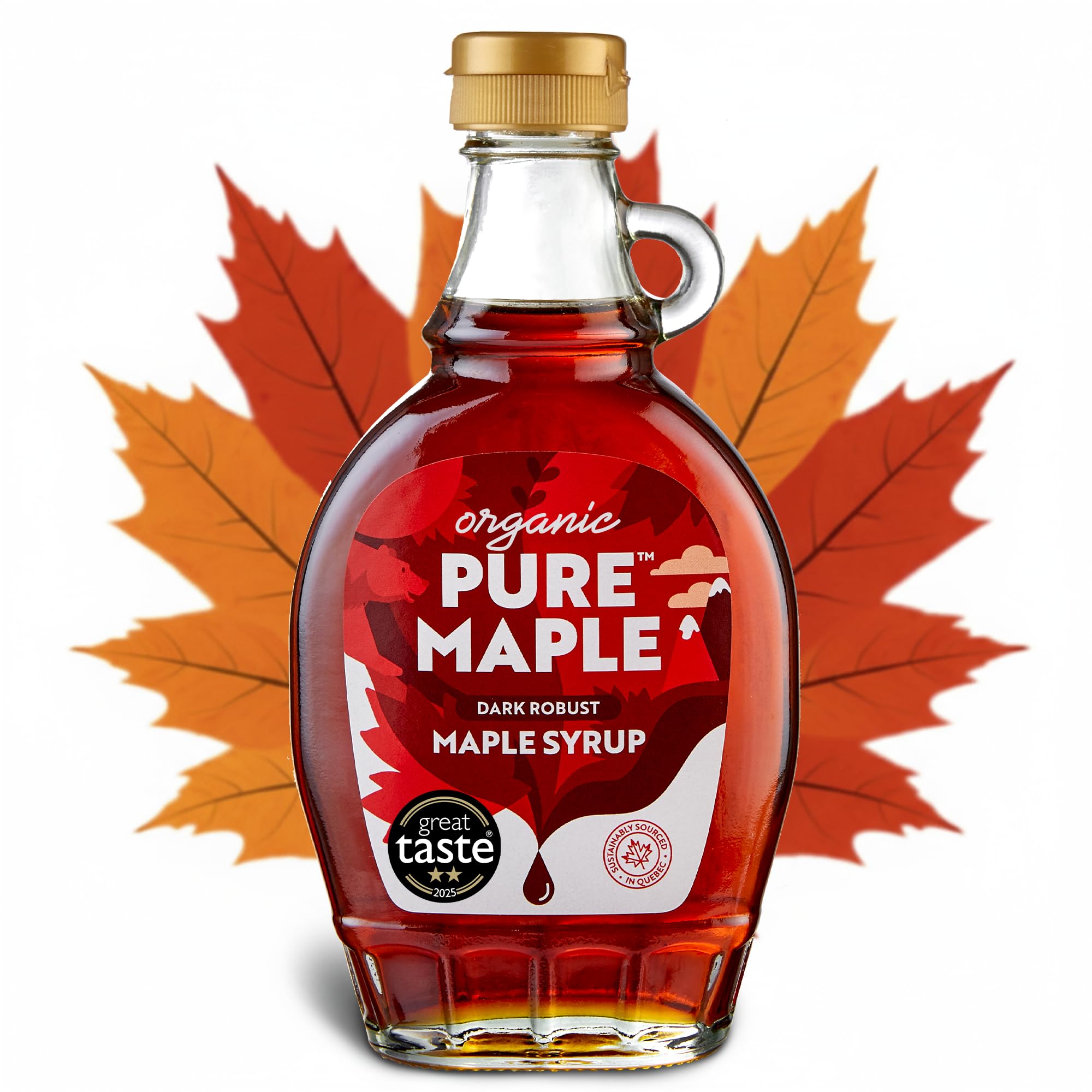 Pure Maple 100% Canadian Maple Syrup - 312g, Organic Dark Robust Grade A with Caramel Taste, Natural Sweetener for Pancakes, Waffles & Cooking, Gluten Free & Vegan, No Additives
