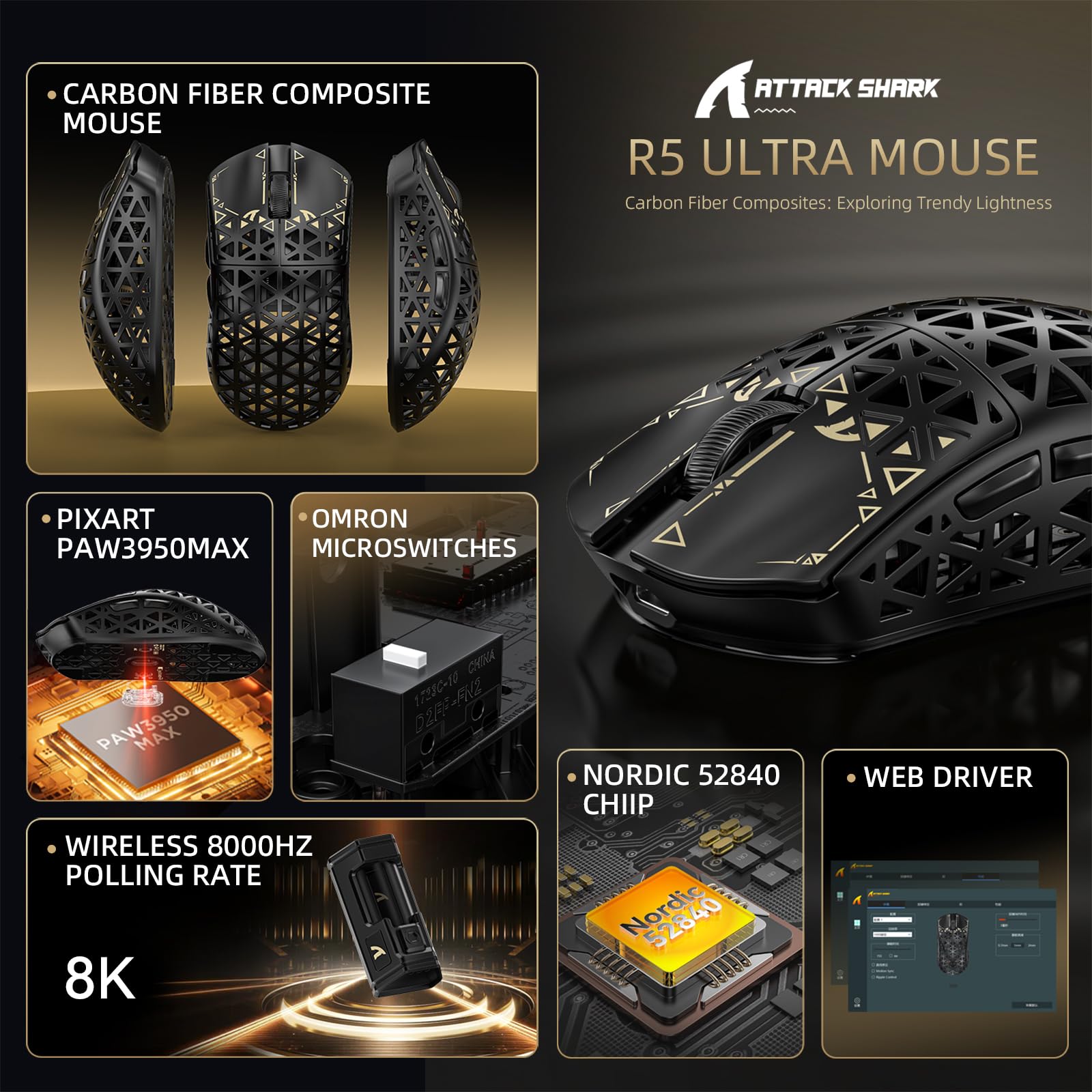 ATTACK SHARK R5 Ultra Mouse Gaming Wireless in Fibra di Carbonio 8000Hz, 39g SUPERLIGHT, 42000DPI, Sensore PAW3950MAX, Nordic 52840, Bluetooth/2.4G/USB-C Cabalto, 8K Cavo Spirale, per PC/Mac, Nero