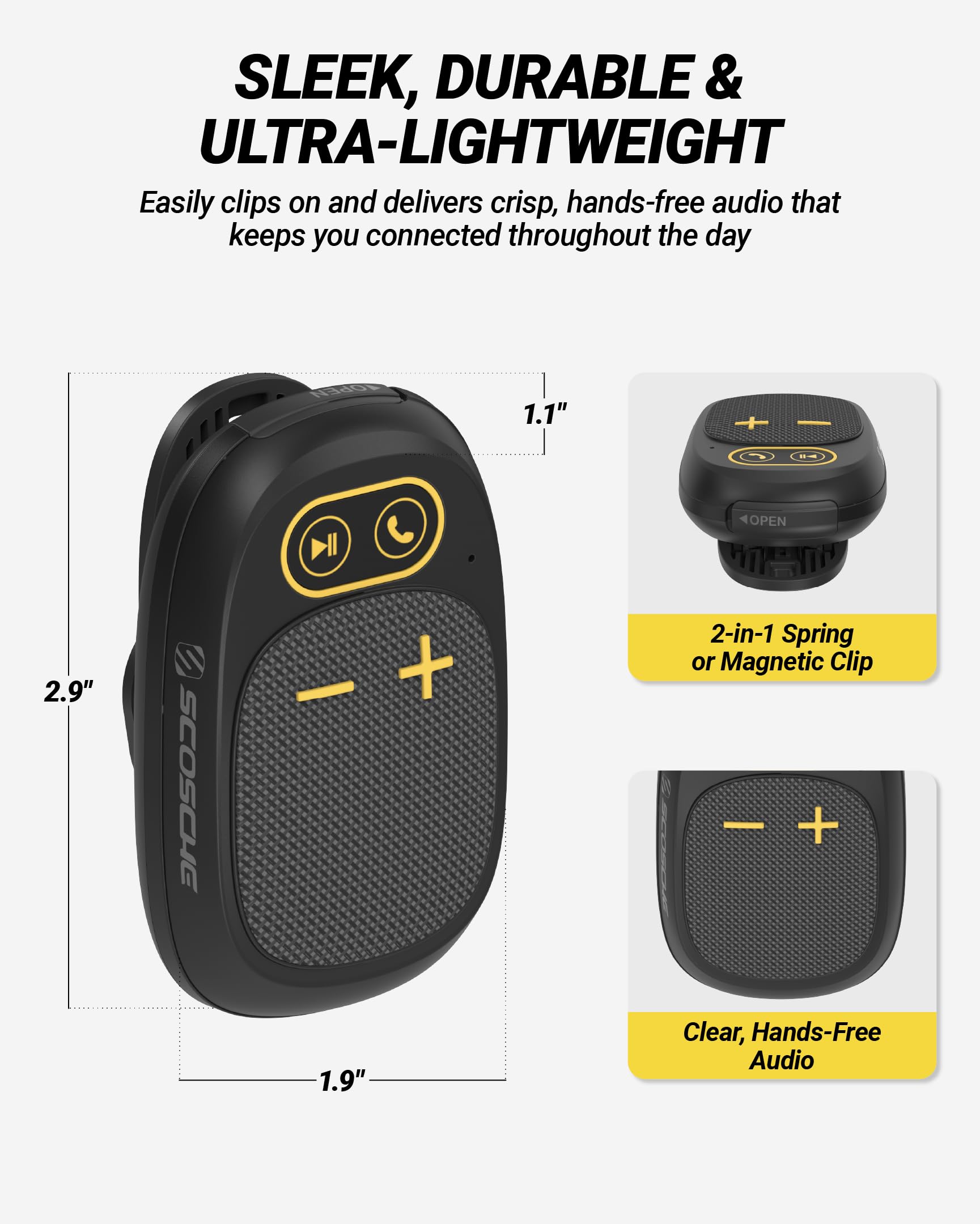 Scosche Magnetic Clip-On Wearable Bluetooth Speaker with Built-in Mic for Hands-Free Calls, IP65 Waterproof & Dustproof Jobsite Speaker for Work and Outdoors, Compact and Lightweight Portable Design view 7