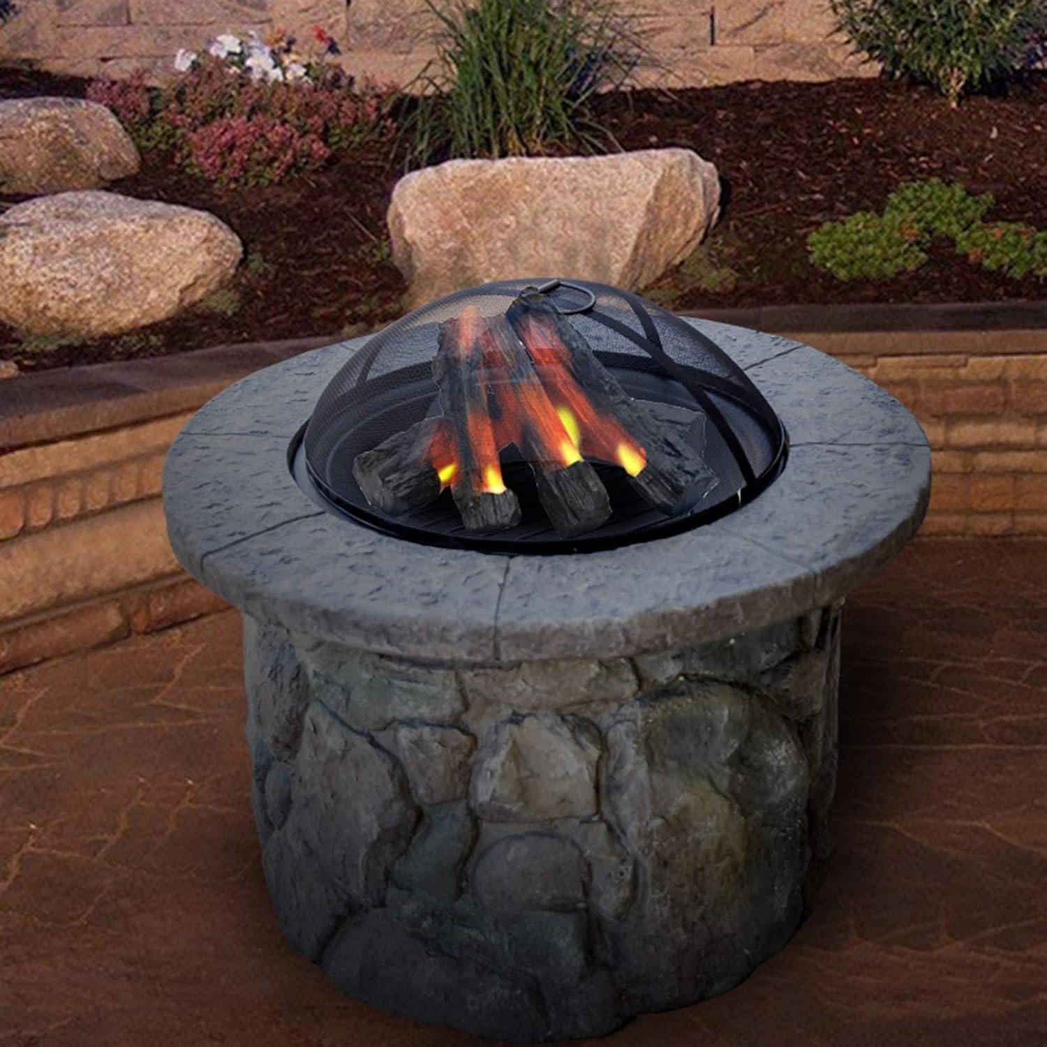 Outdoor Fire Pit Garden BBQ Wood Burning Fire Pit Bowl, 90cm Outdoor Imitation Stone Heater Fireplace, Used for Backyard Patio Picnic
