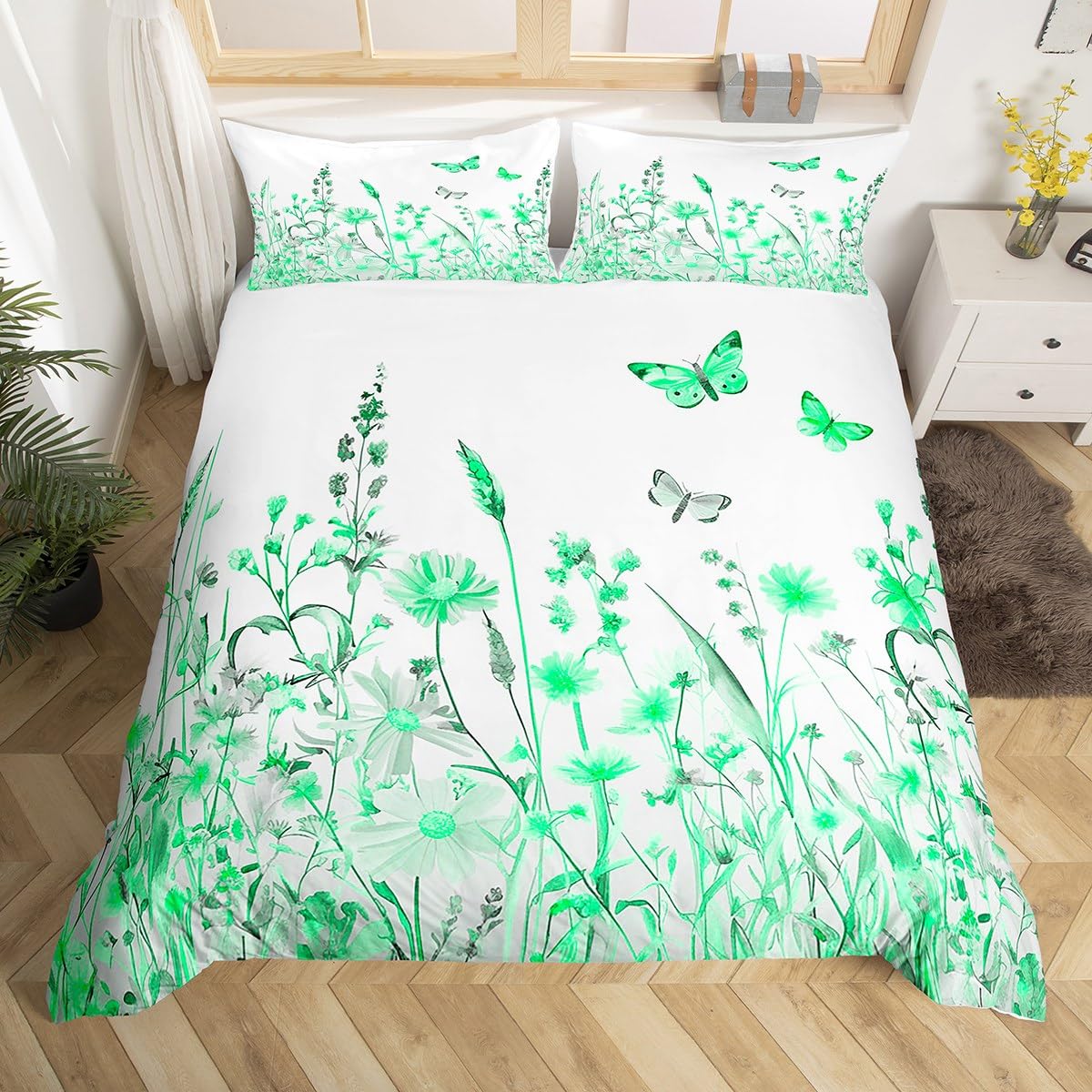 Homemissing Green Flowers Pattern Duvet Cover Set Super King Size for Girls Adults Women Kids Butterflies Print Bedding Set Garden Flower Comforter Cover with 2 Pillowcases Nature Theme Zipper — image 1