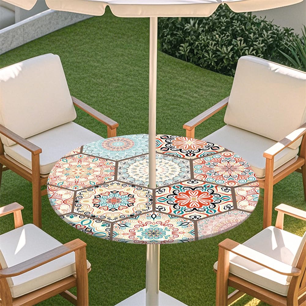 Surwin Outdoor Round Tablecloth with Parasol Umbrella Hole Zipper Bohemia, Elastic Edge Fitted Protector Round Table Cloth Waterproof Table Cover for Garden BBQ Party (Geometry,S(79-89cm)