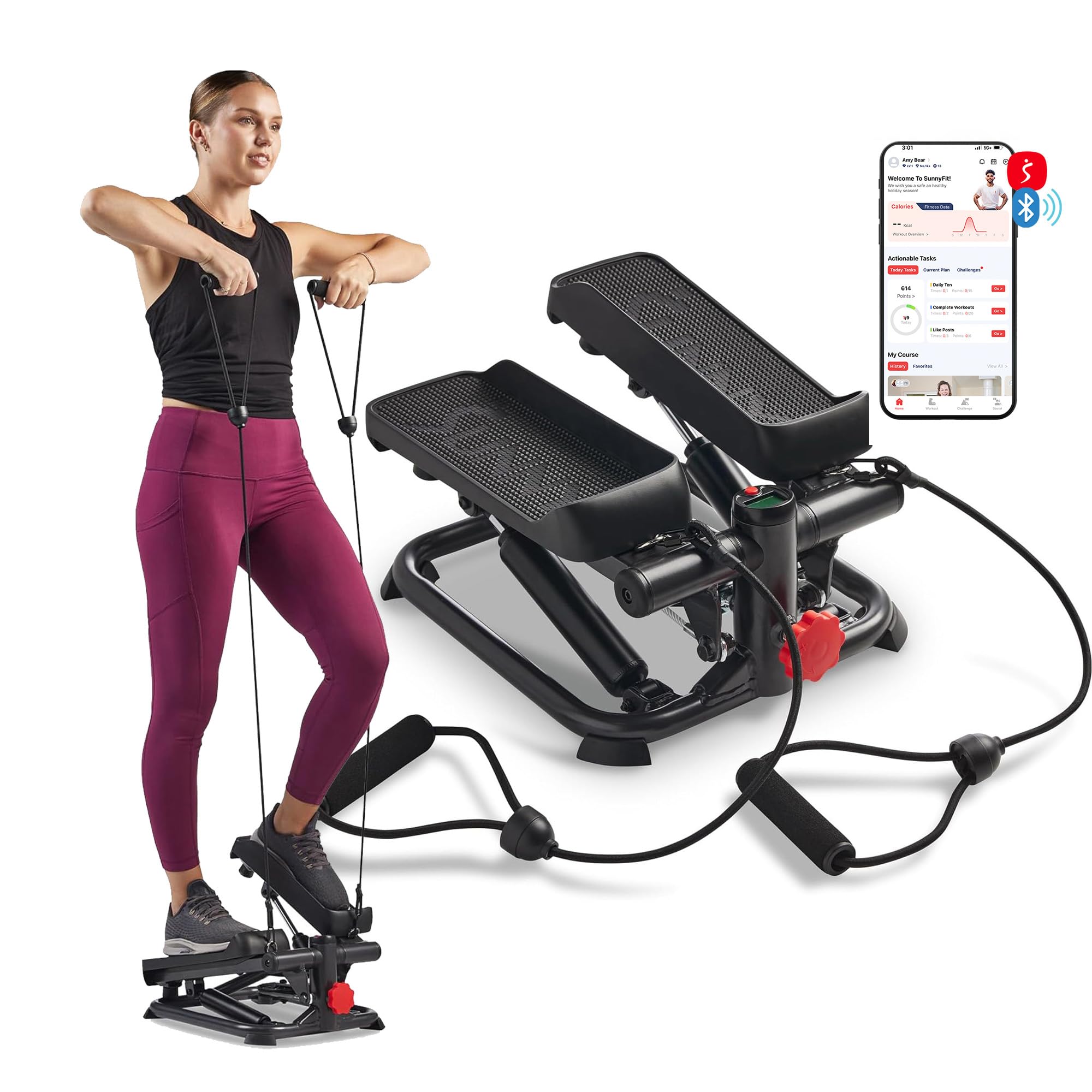 Sunny Health & Fitness Mini Steppers for Exercise at Home, Stair Step Workout Machine, Full Body Cardio Equipment, with Optional Twist Motion, Resistance Band and Free SunnyFit App Connection