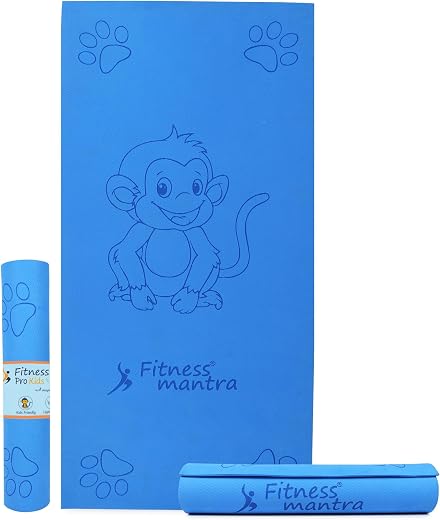 Fitness Mantra® Pro Kids Monkey Design Yoga Mat with Carrying Strap for Children Workout [2 * 4 feet Size, Blue Color, Mon...