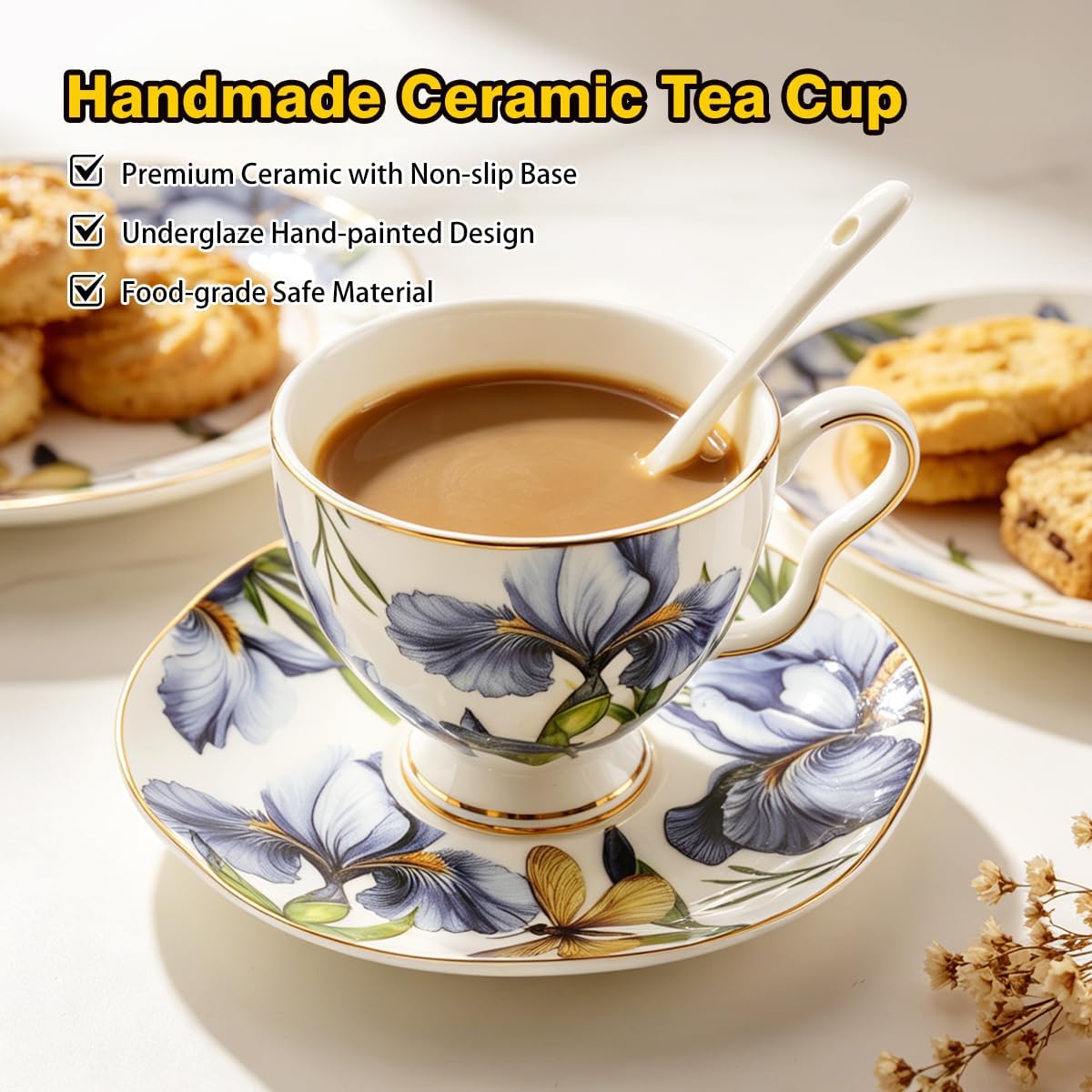 Bone China Tea Cup and Saucer Set with Spoon, 7 oz Blue Iris Gold Trim