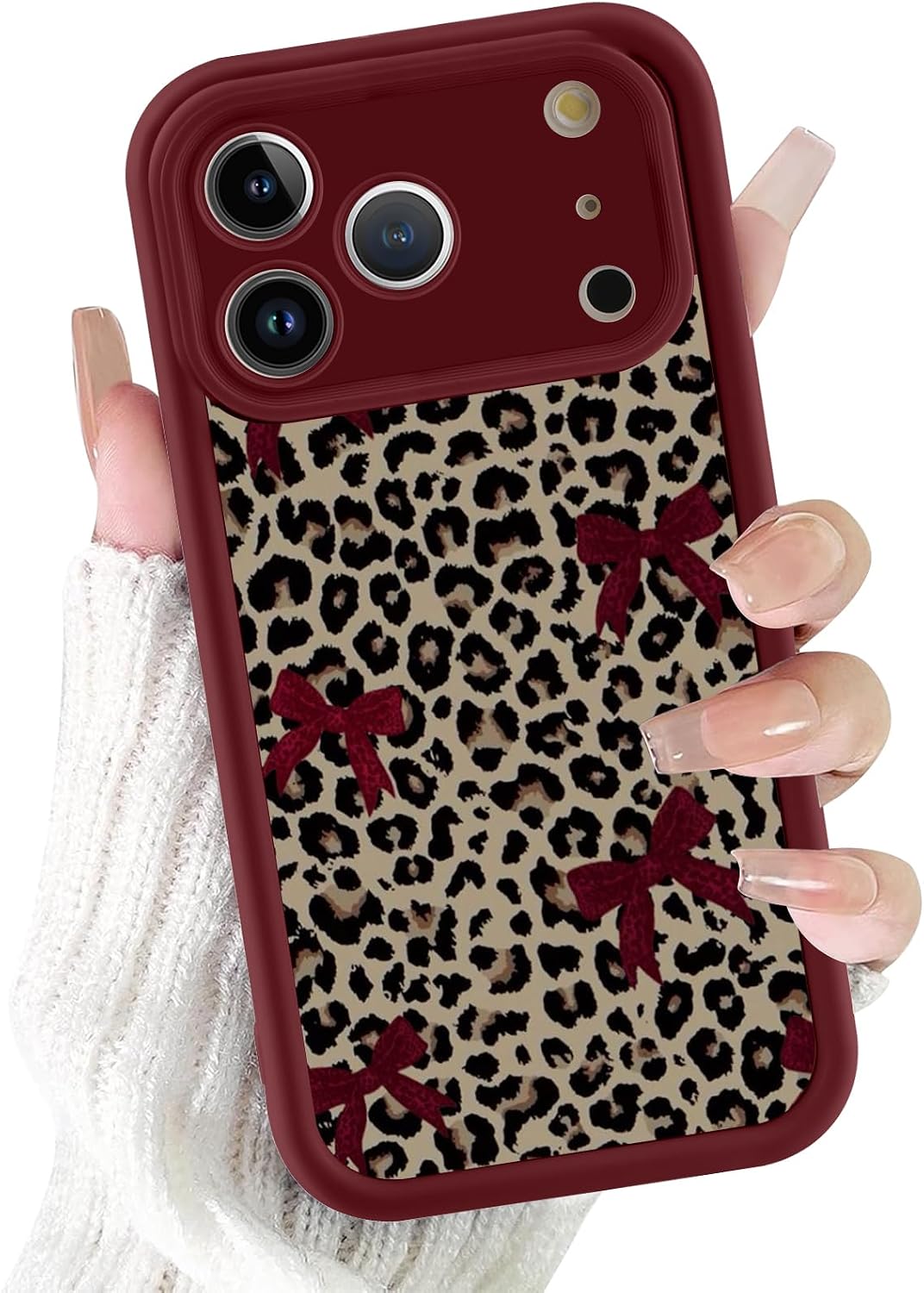 Cute Cheetah Bow Phone Case for iPhone 17 Pro Max Burgundy Wine Red Case 6.9", Aesthetic Leopard Bowknot Pattern Shockproof Soft Slim TPU Full Camera Lens Protective Cover Funda for Women Girls