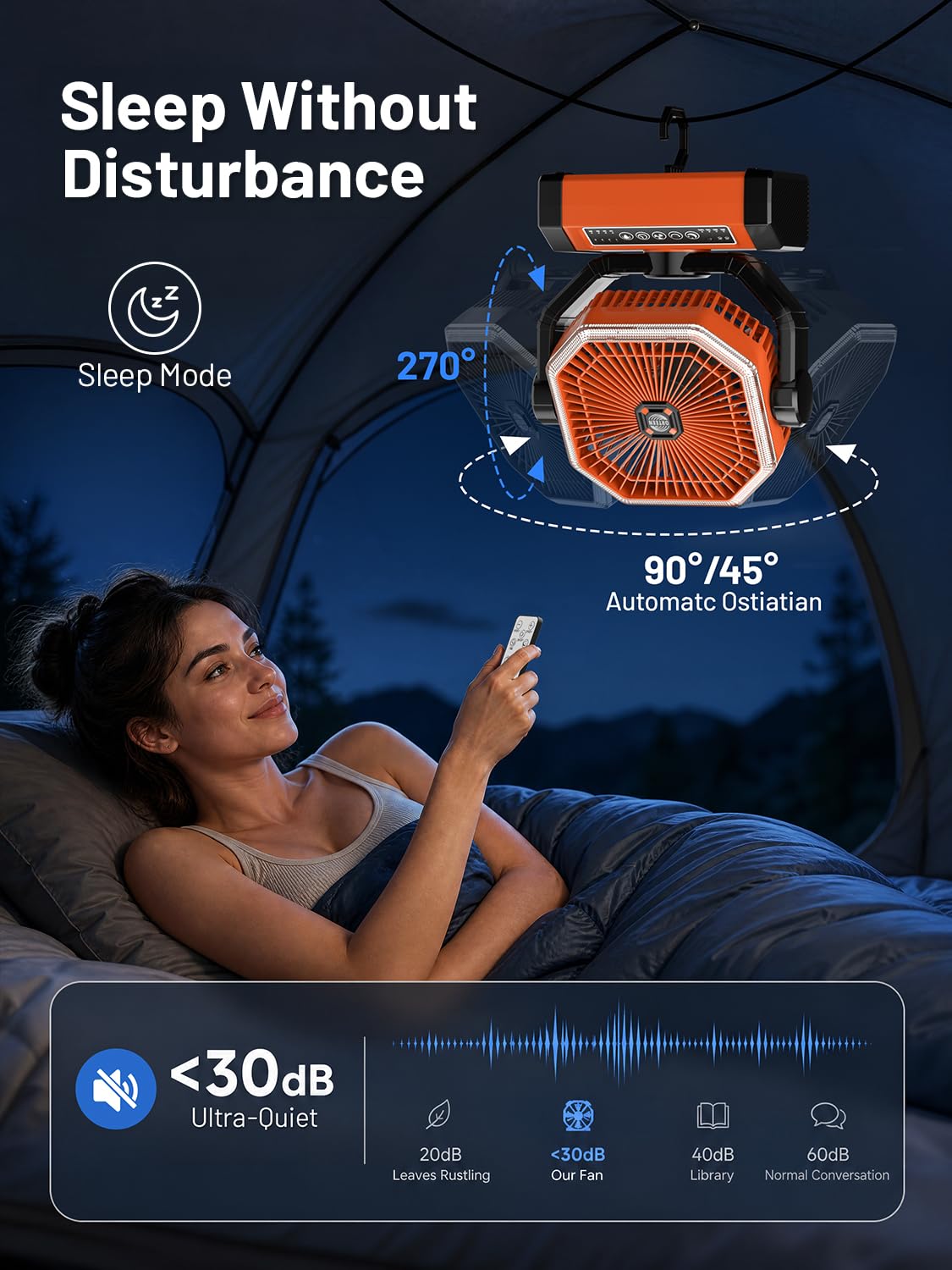 Ventilatore alimentato a batteria, 22,9 cm, ricaricabile, portatile, 24000 mAh (60 ore), ventilatore da campeggio per tenda, oscillazione automatica senza fili, ventilatore da campeggio con