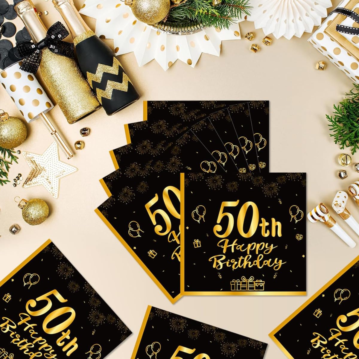 16 Serviettes en papier 80 ans noires et dorées 33 x 33 cm - Vegaooparty