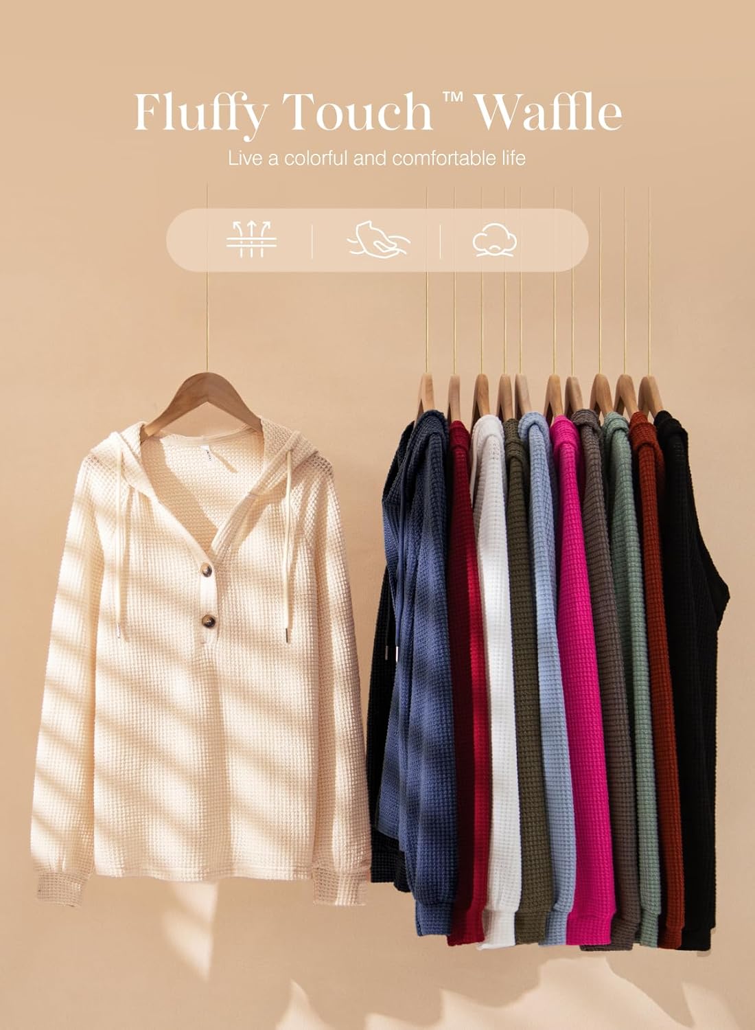 Dokotoo Hoodies for Women Waffle Knit Long Sleeve Drawstring Button V Neck Casual Pullover Sweatshirt Hooded Tops - Image 6