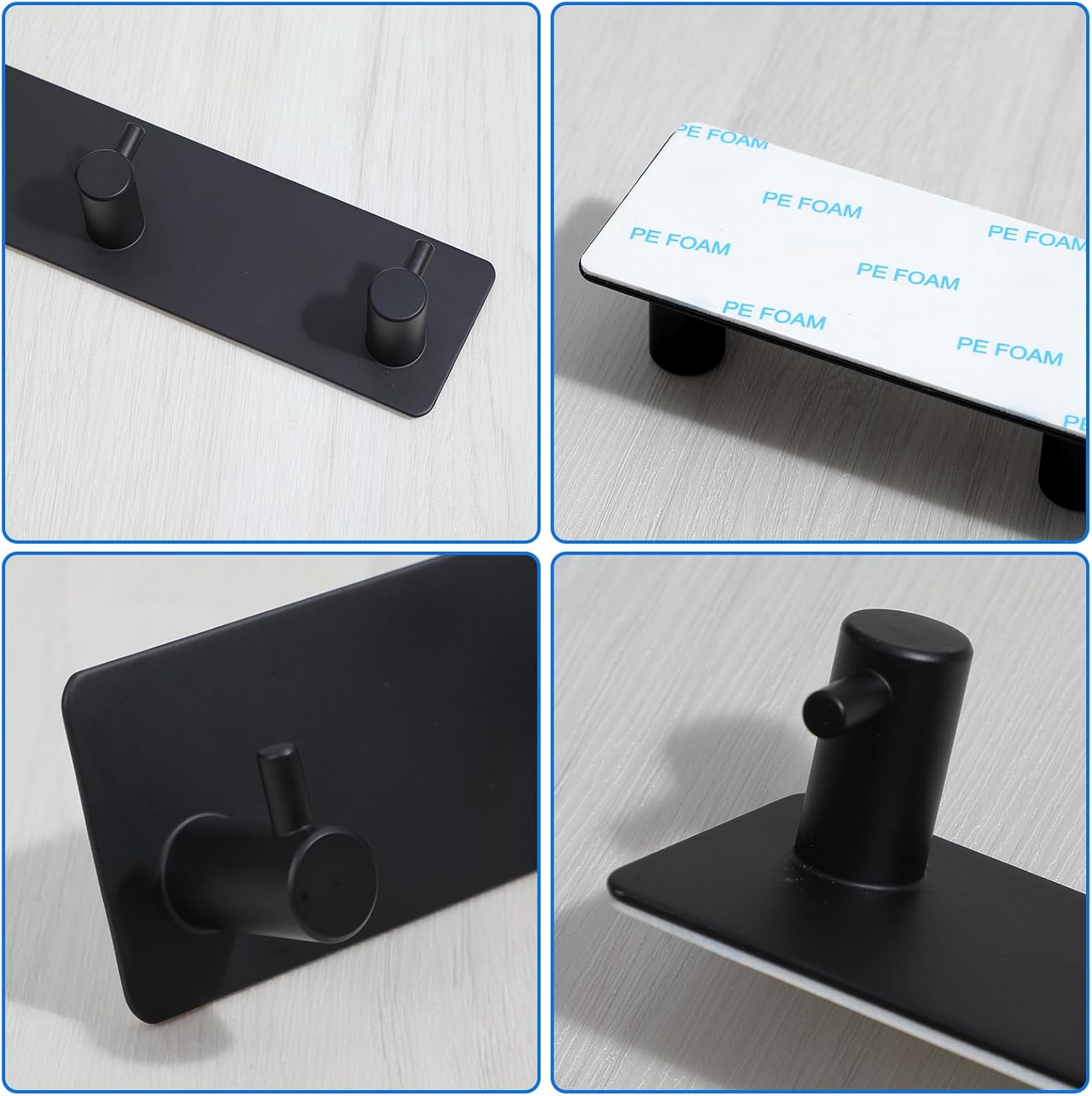 2Pcs 304 Stainless Steel Self Adhesive Towel Hooks, Black Wall Mounted Stick On Towel Hooks 4-Hook Design, 10.1x1.8x1 Inch Rustproof Bathroom Kitchen Organization Strong Hold Adhesive