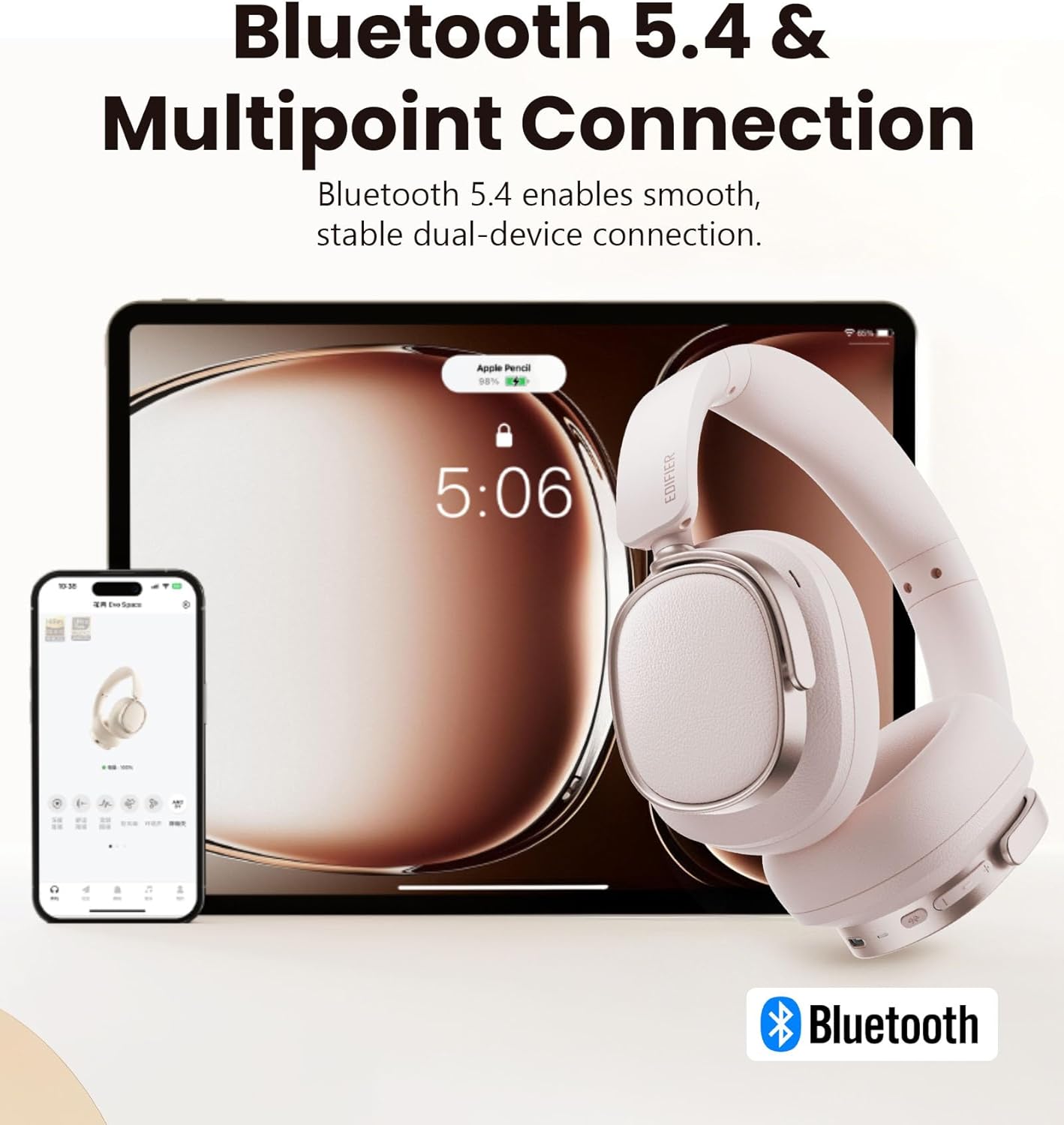 Edifier ES850NB Active Noise Cancelling Headphones, Over Ear Bluetooth Headset, 92H Playtime Wired & Wireless Hi-Res Audio Certified, Fast Charging Clear Calls for Home Office Travel (Pink) - Image 8