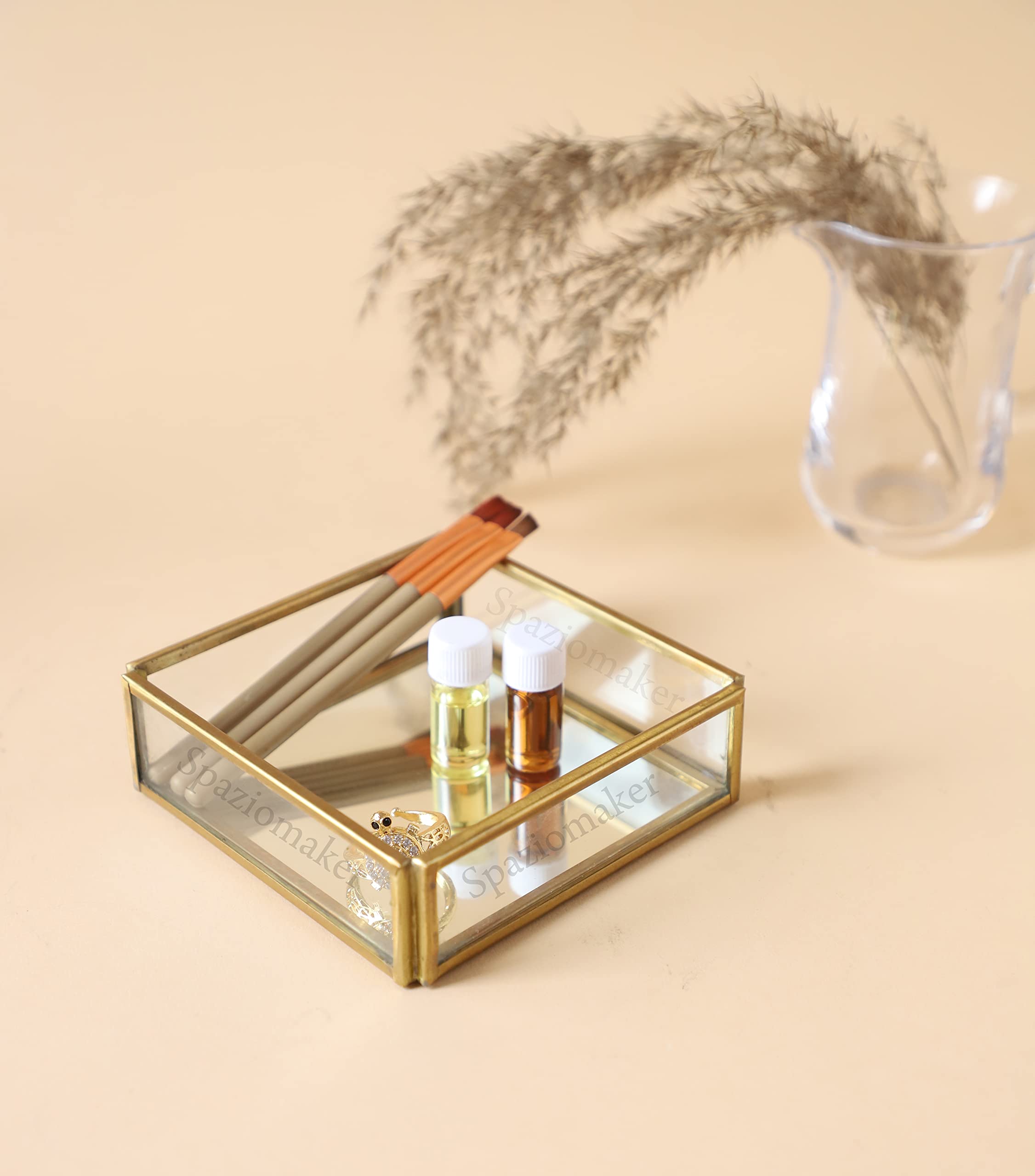 Spaziomaker Square Glass Vanity Tray with Rosegold Electroplating and Mirror Base for Home Decor, Jewellery Organiser, Makeup Organiser [Size- 6 x 6 inches, Colour - Gold, Pack of 1]-image-37