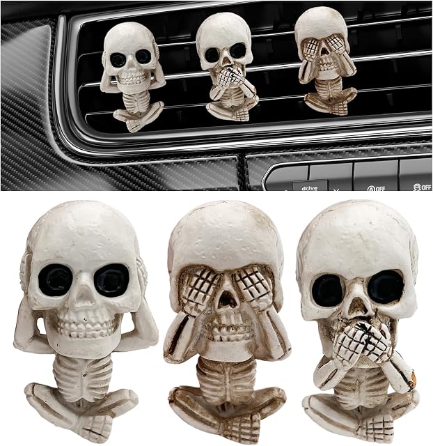 3 PCS Voiture de crâne Air Blocs d'évent de fraicheur, Cool Goth Auto Air Accessoires de tableau de bord pour squelette, Squelette Air Conditionneur Clips d'aération Décor intérieur pour hommes Femmes
