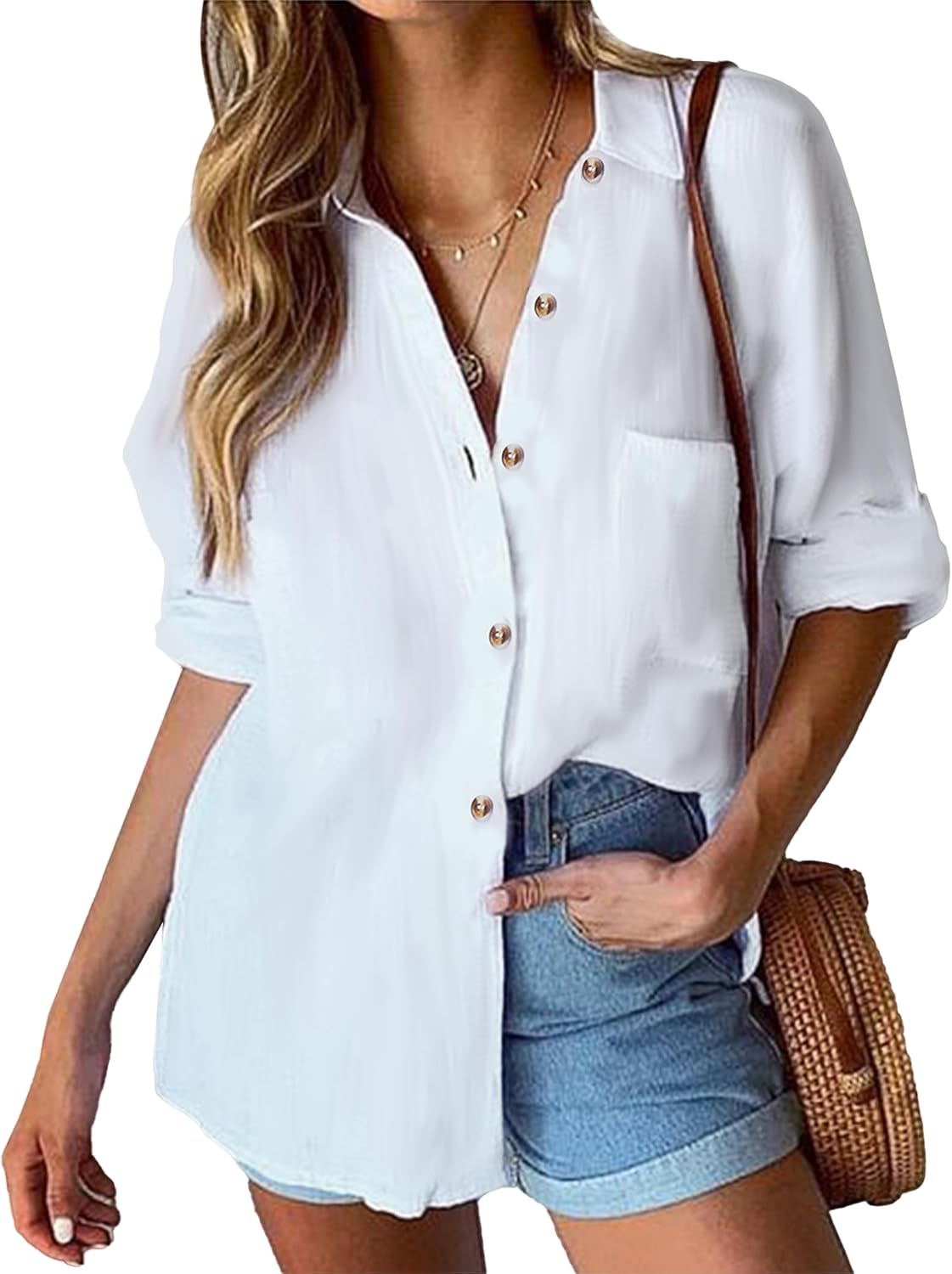 Hotouch Womens Cotton Button Down Shirt Casual Long Sleeve Loose Fit Collared Linen Work Blouse Tops with Pocket