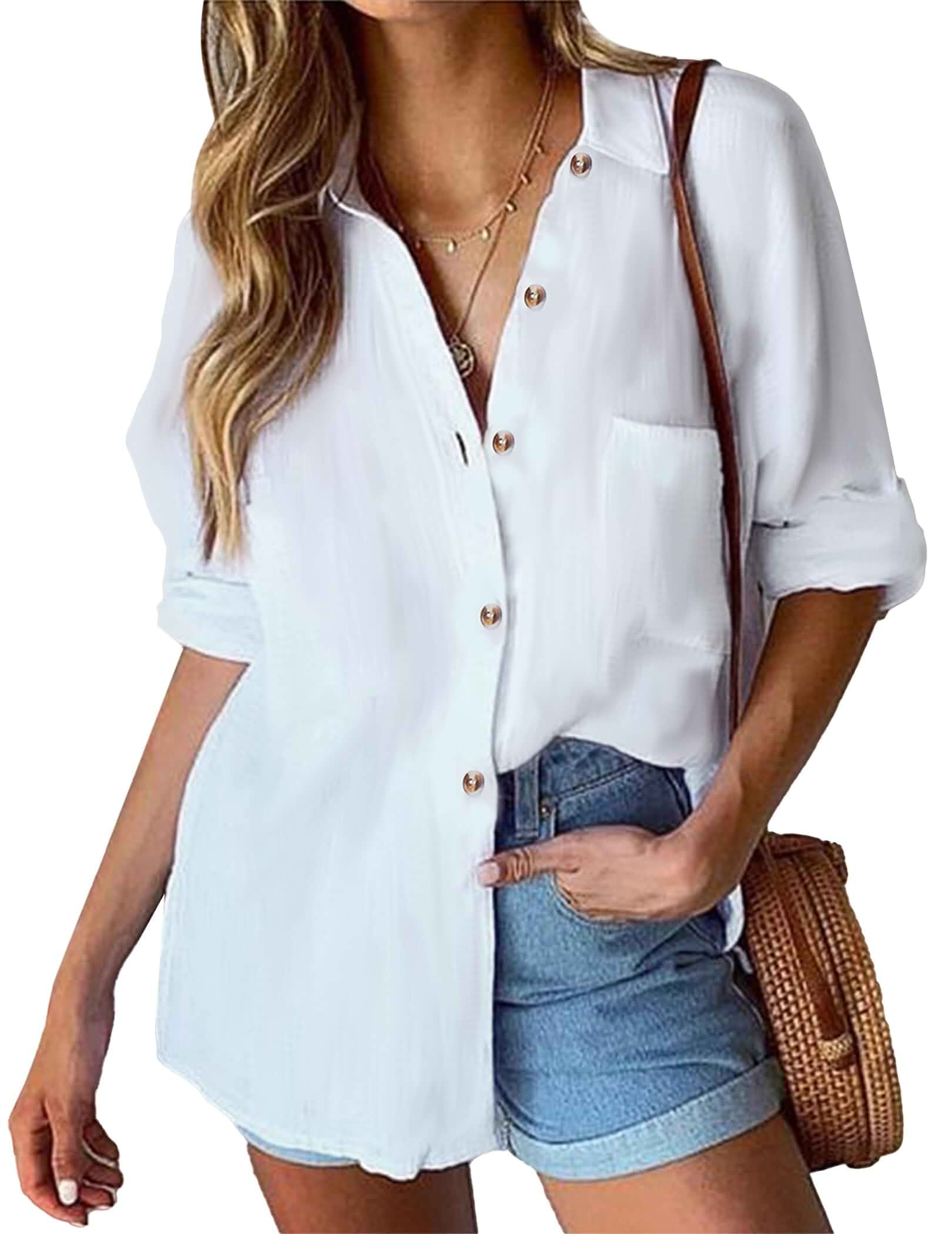 HOTOUCH Womens Linen Button Down Shirt Casual Long Sleeve Cotton Blouse Loose Fit Collared Work Gauze Tops with Pocket Long Sleeve · Loose
