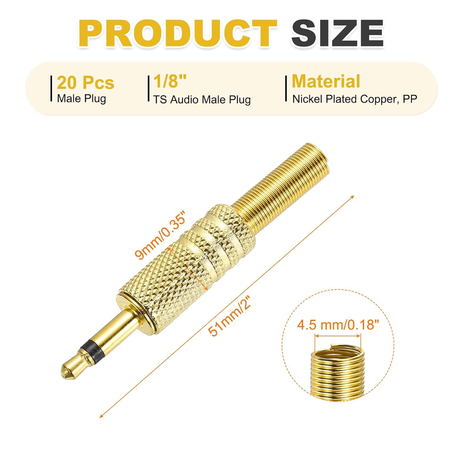 MECCANIXITY 20 Pcs 1/8" TS Audio Male Plug, 3.5mm Mono Jack Plug Adapter Replacement, 1 Pole Solder Jack Cable Connector for Speaker Microphone Guitar (Carved Style, Golden)