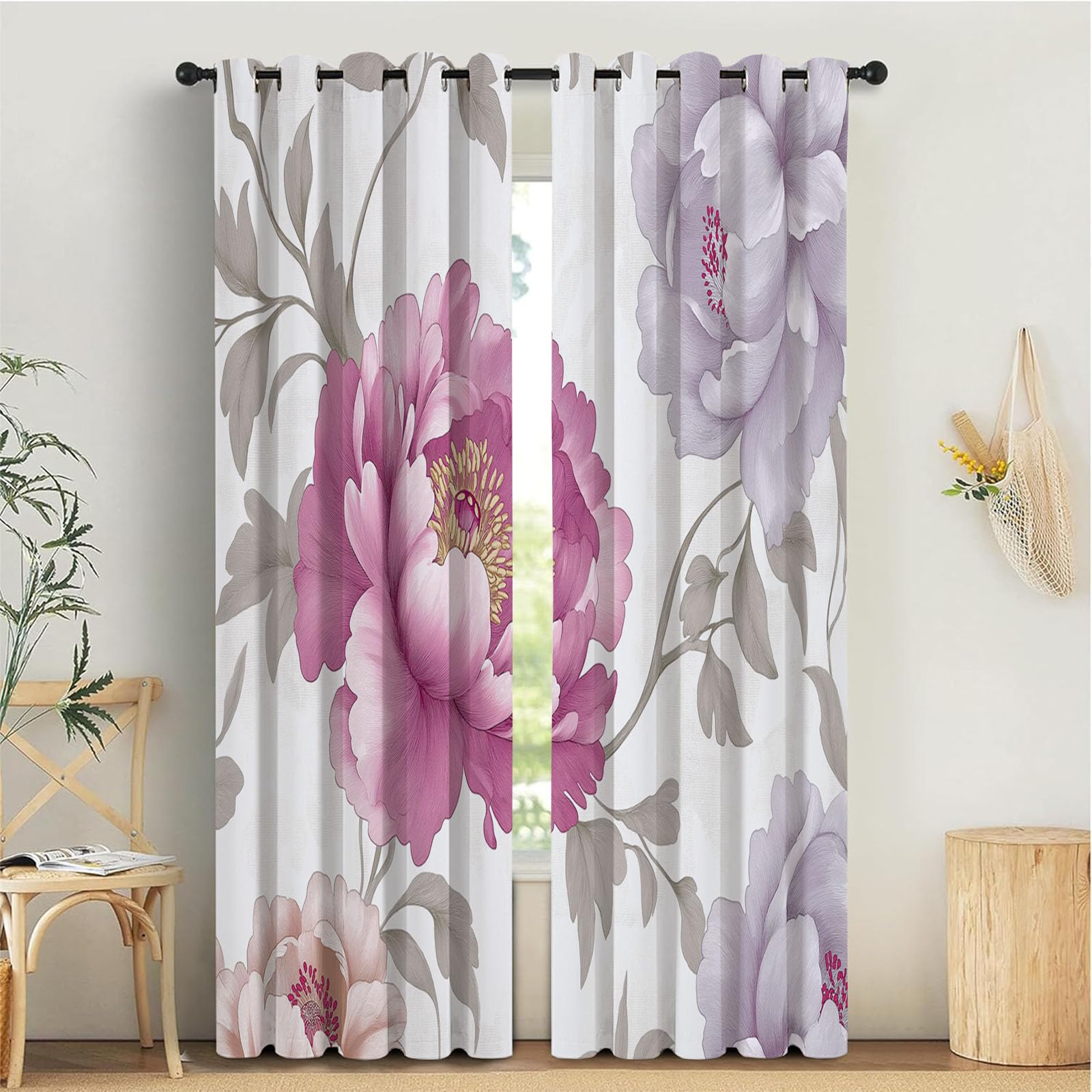 Rideaux salon moderne à œillets motif pivoine pour une ambiance cosy