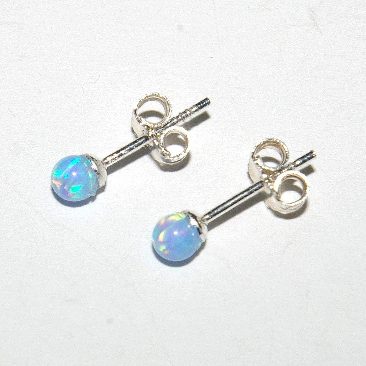 White or Blue Opal Ball Beads Stud Earrings 925 Sterling Silver 4mm, 5mm, 6mm