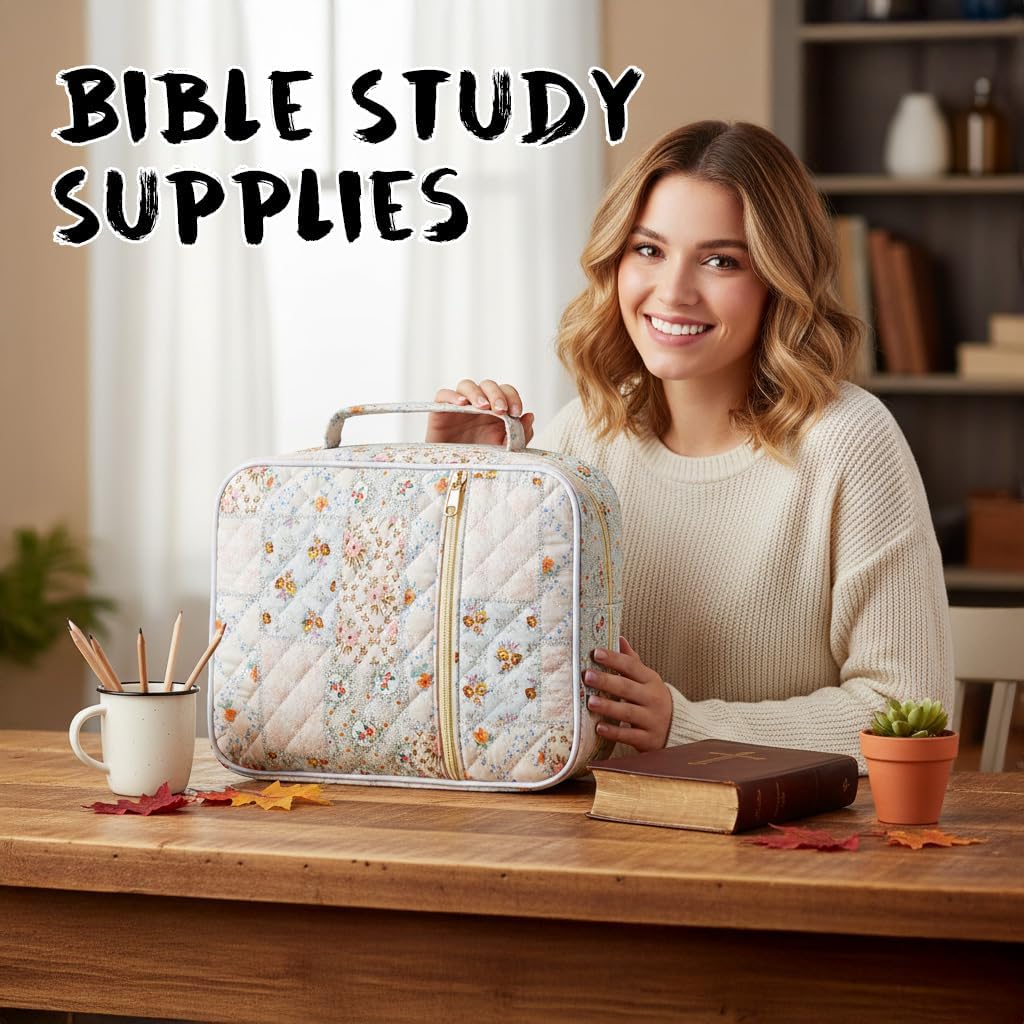 Bible Cover Case for Women,Bible Tote Bag Large Quilted Bible Cover with Durable Handle Carrying Case for Girls Bible Study Supplies Accessories,Christmas Christian Gifts for Women (Spliced Flower)