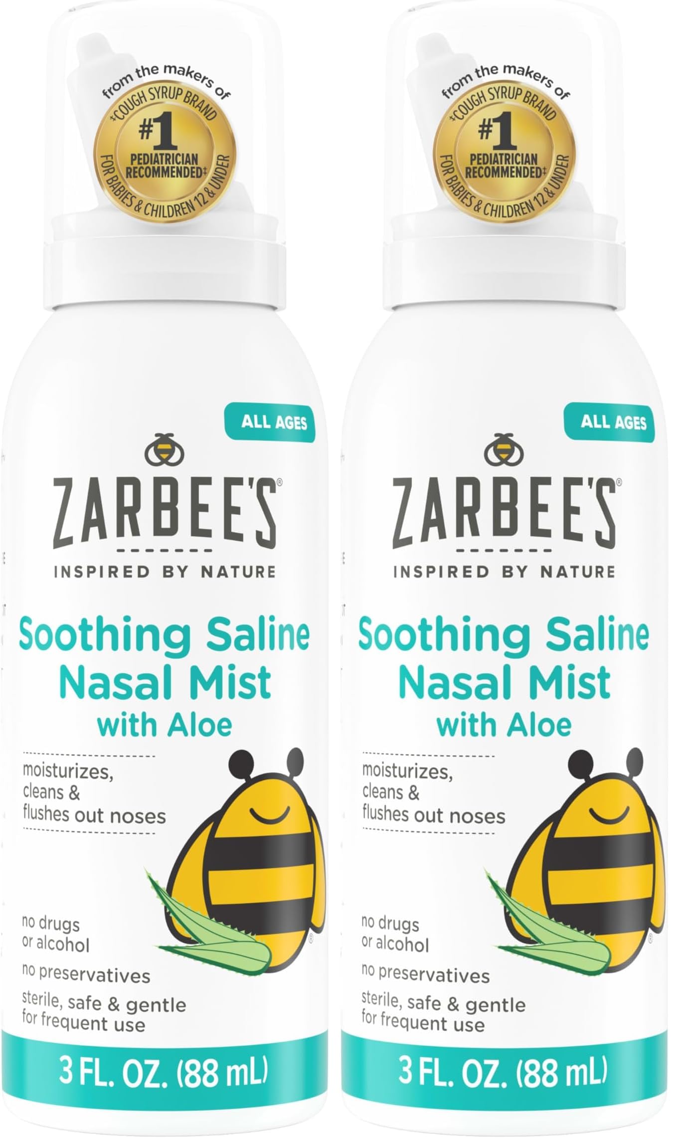 Zarbee's Baby Nasal Saline Spray, Soothing Sterile Mist with Aloe, Newborns & Up, Cleansing Nose Relief, 3Fl Oz (Pack of 2)