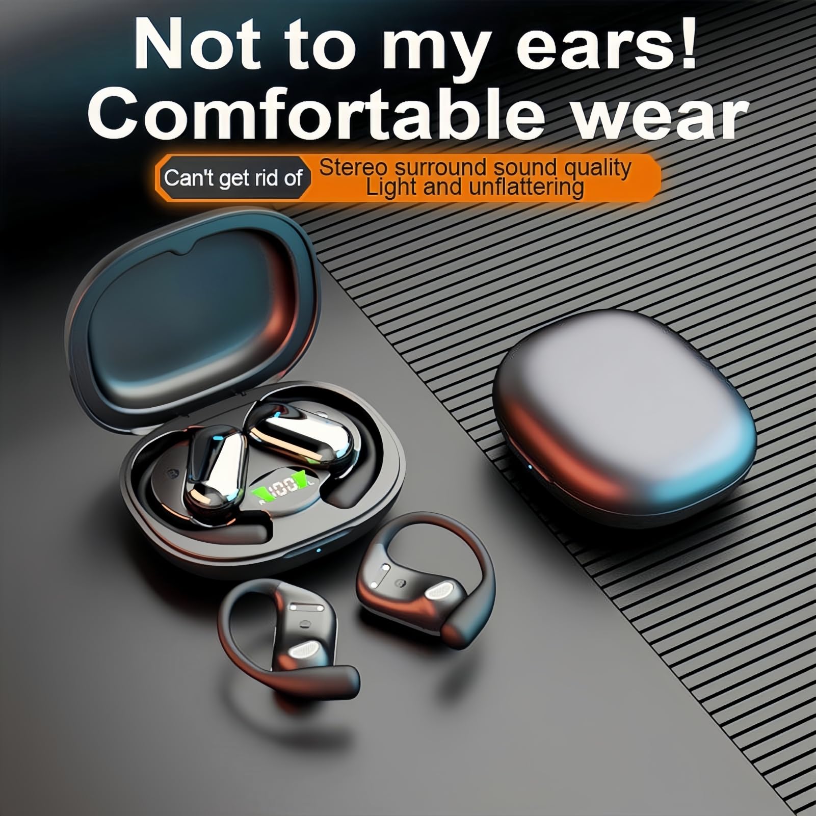JIMBOBO Écouteurs ouverts Bluetooth 5.4 sans fil à conduction d'air avec micro tour d'oreille, 50 heures d'autonomie, écran LED, étui de charge, casque de sport confortable pour la course, le fitness