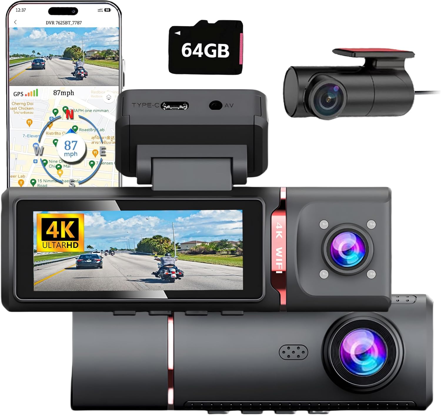 M6 4K 3 Channel Dash Cam Front and Rear Inside, Dash Camera for Cars, Triple Car Camera with 3 Inch Screen, IR Night Vision,5GHz WiFi Built-in GPS with 64GB Card, G Sensor,24H Parking Mode