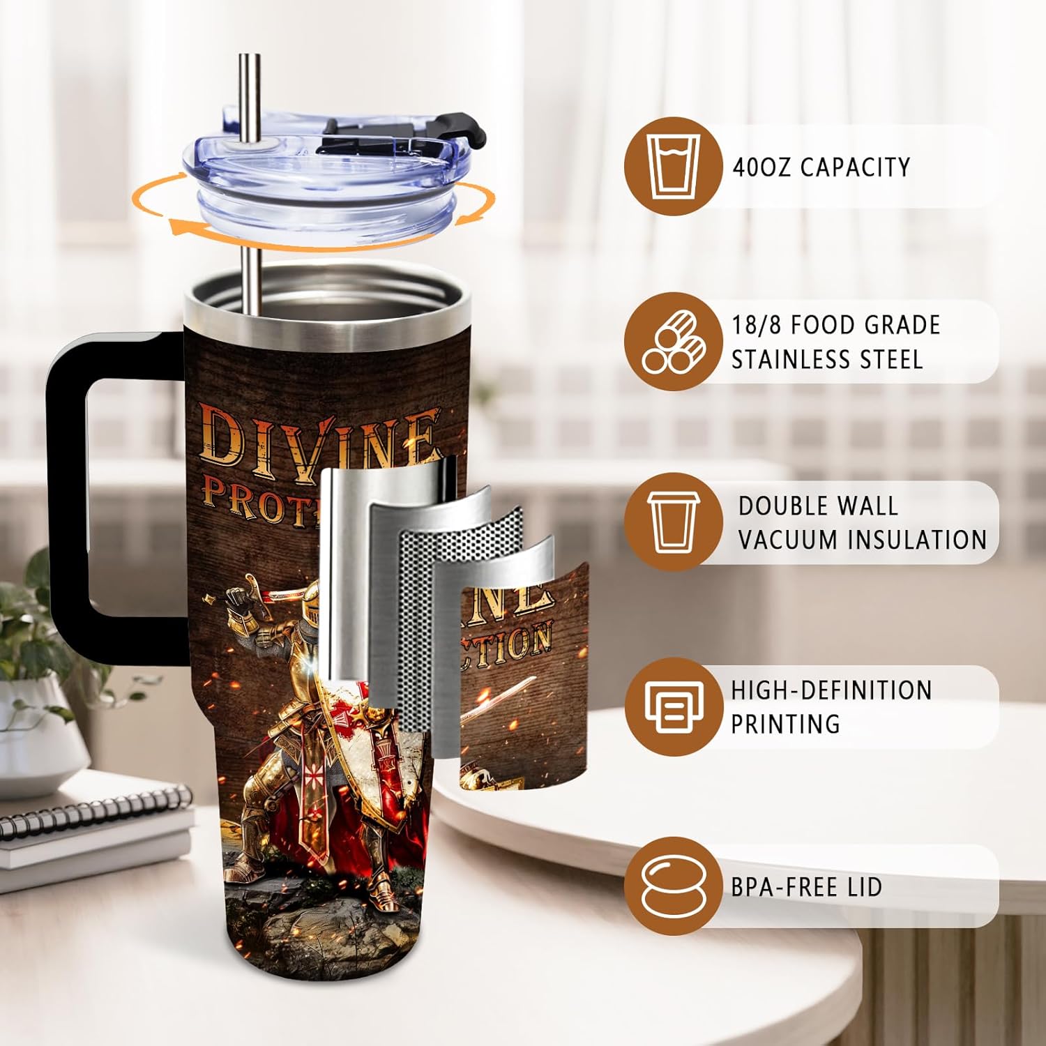 DUUV Armor of God Tumbler 40 Oz, Inspirational Christian Design, Stainless Steel Insulated Mug with Bible Verse, Christmas Gift for Religious Individuals, Spiritual Seekers, and Fantasy Fans - Image 4