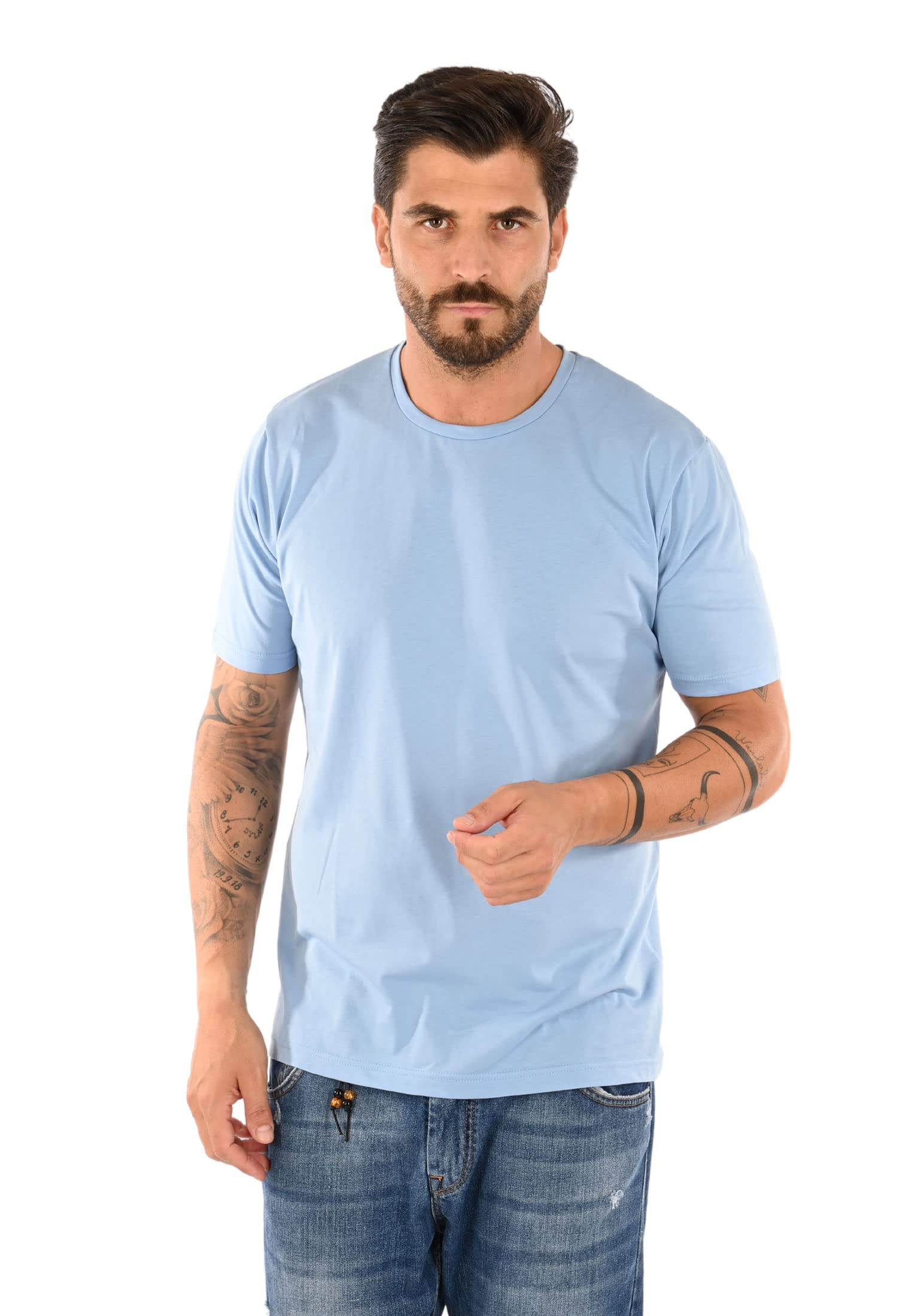 T Shirt męskie okrągły dekolt bawełna z krótkim rękawem, Celeste, XL