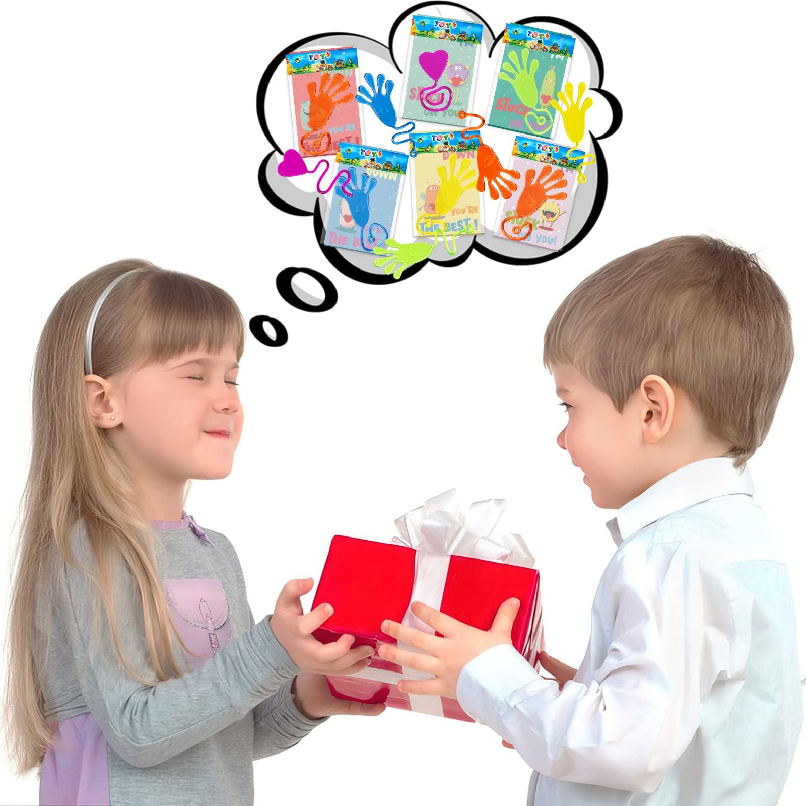 AMUHUA Valentine's Day Cards For Kids - 30 Pack With Sticky Hand Toys, Classroom Exchange Cards, 5x3 Inches
