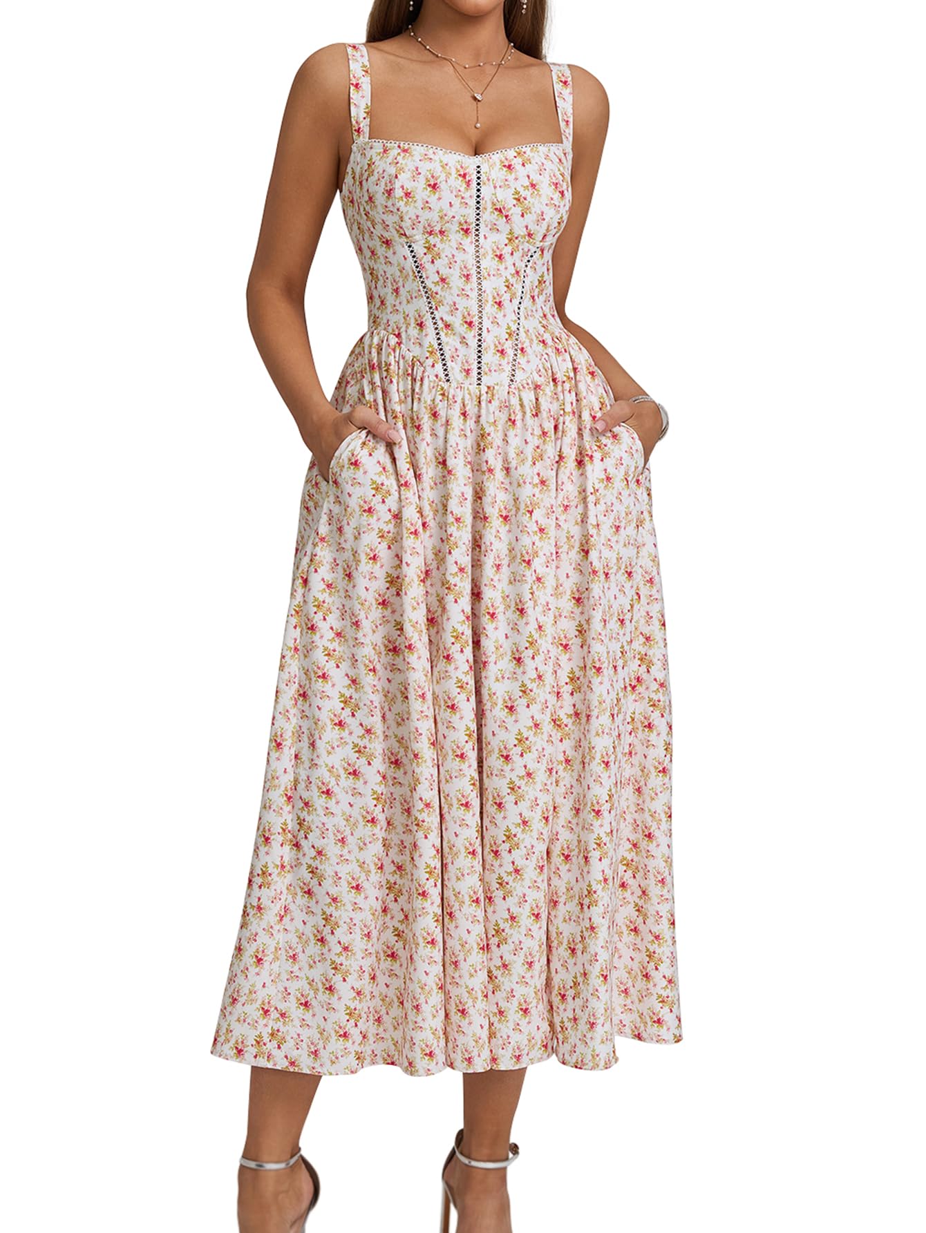 KUTUMAI Summer Floral Corset Midi Wedding Guest Dresses for Women | Slit Flowy Sundress with Pockets, Idea for Garden Tea Party Engagement Bridal Shower Fancy Cottagecore Milkmaid
