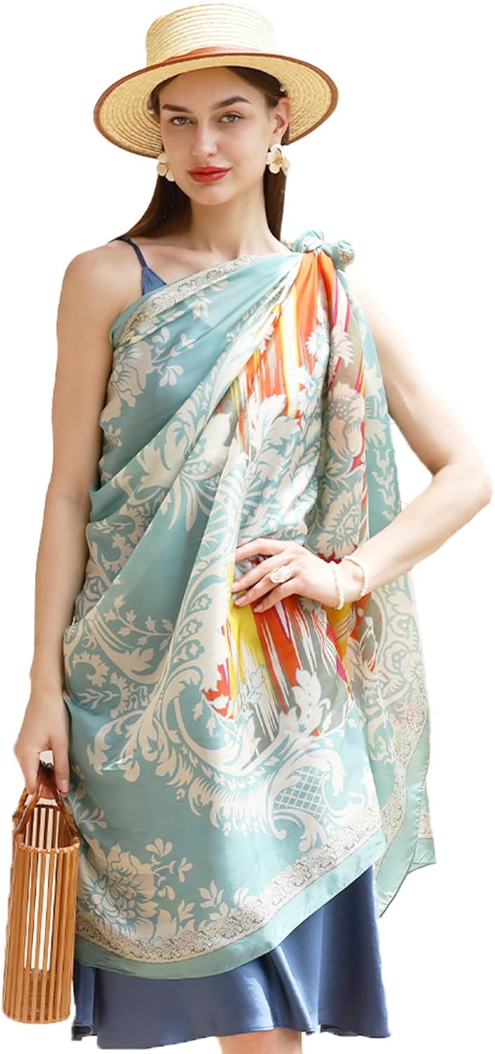 DANA XU Women's 100% Mulberry Satin Silk Pashmina Shawl Wraps Extra Large Floral Scarf for Evening Dresses, Soft Oversized