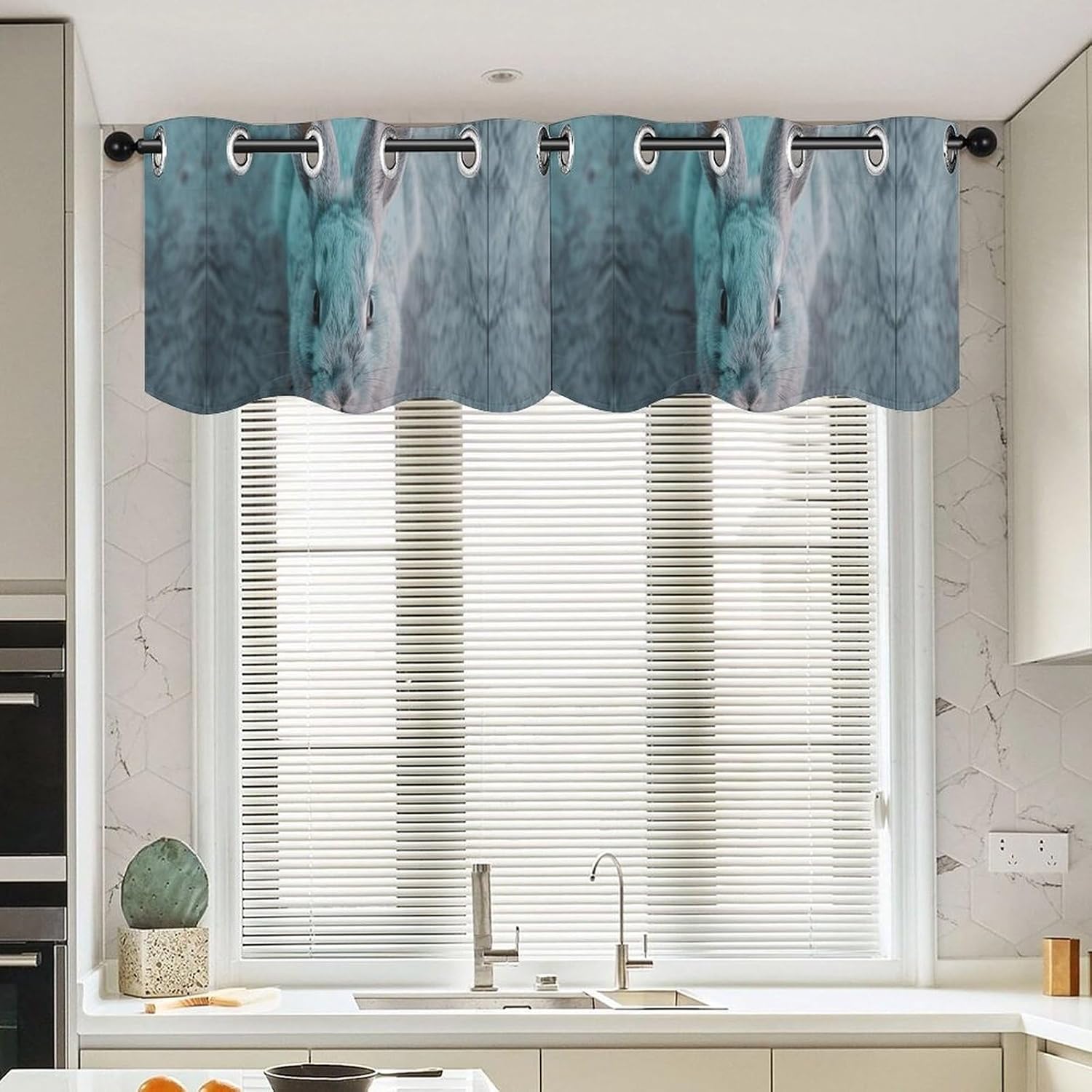Light Blue Rabbit Valance for Windows, 2 Pack Kitchen Curtains Modern Home Decor, Soft Blackout Window Curtains for Living Room & Bedroom, 18 X 52 Inch