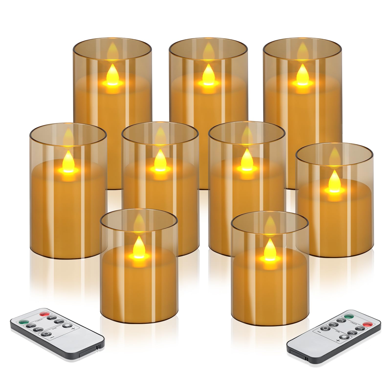 wemarry Flameless Candles 4" 5" 6" Acrylic Glass Pillars 3" Diameter Battery Operated Flickering Candles Include 8-Key Remote with Timer Function 400+ Hours (Amber, Warm Light 9 Pack)