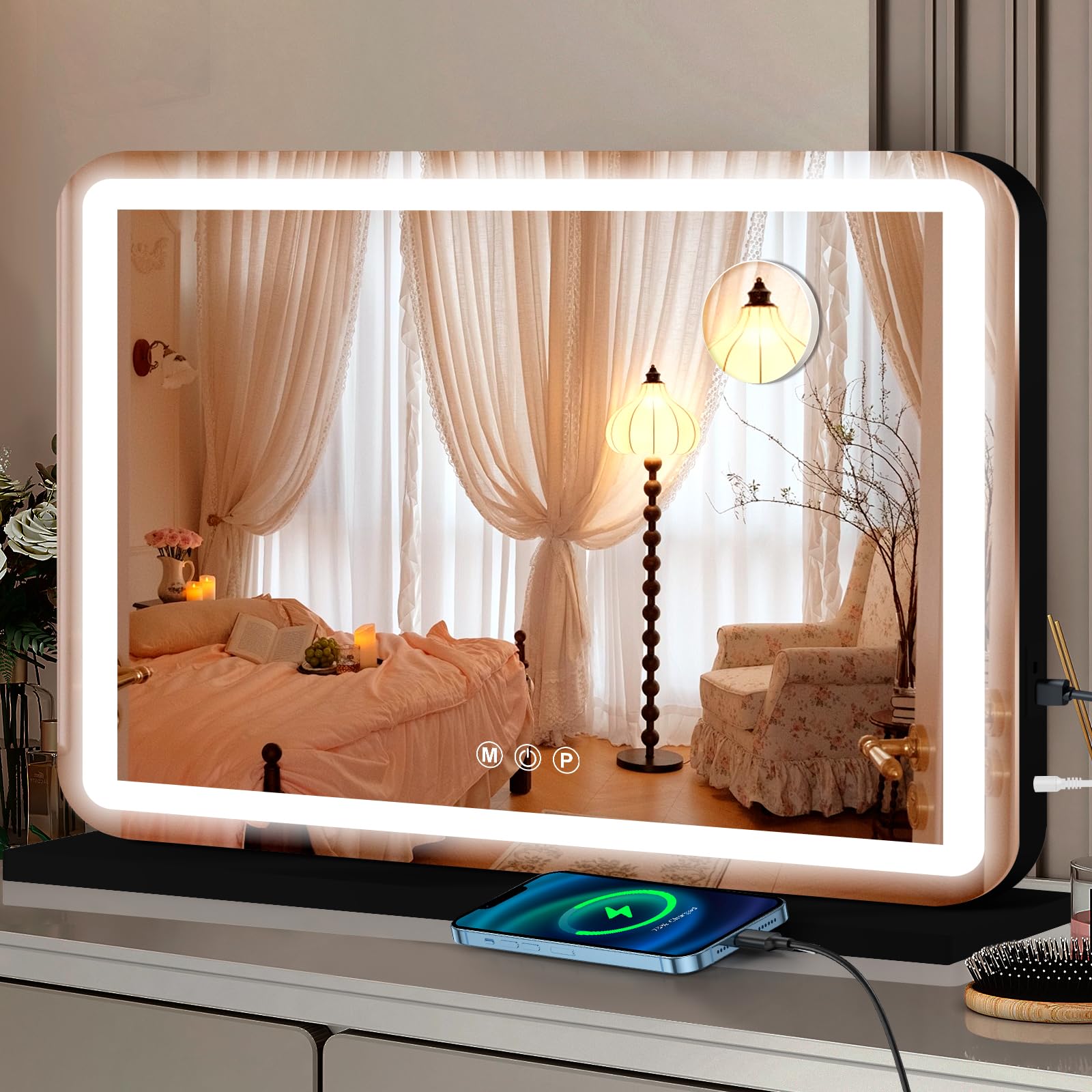 Ratsamee Miroir de courtoisie noir de 66 x 50,8 cm avec lumières, miroir de maquillage LED, miroir de maquillage éclairé avec 3 lumières de couleur à intensité variable, contrôle d'écran tactile