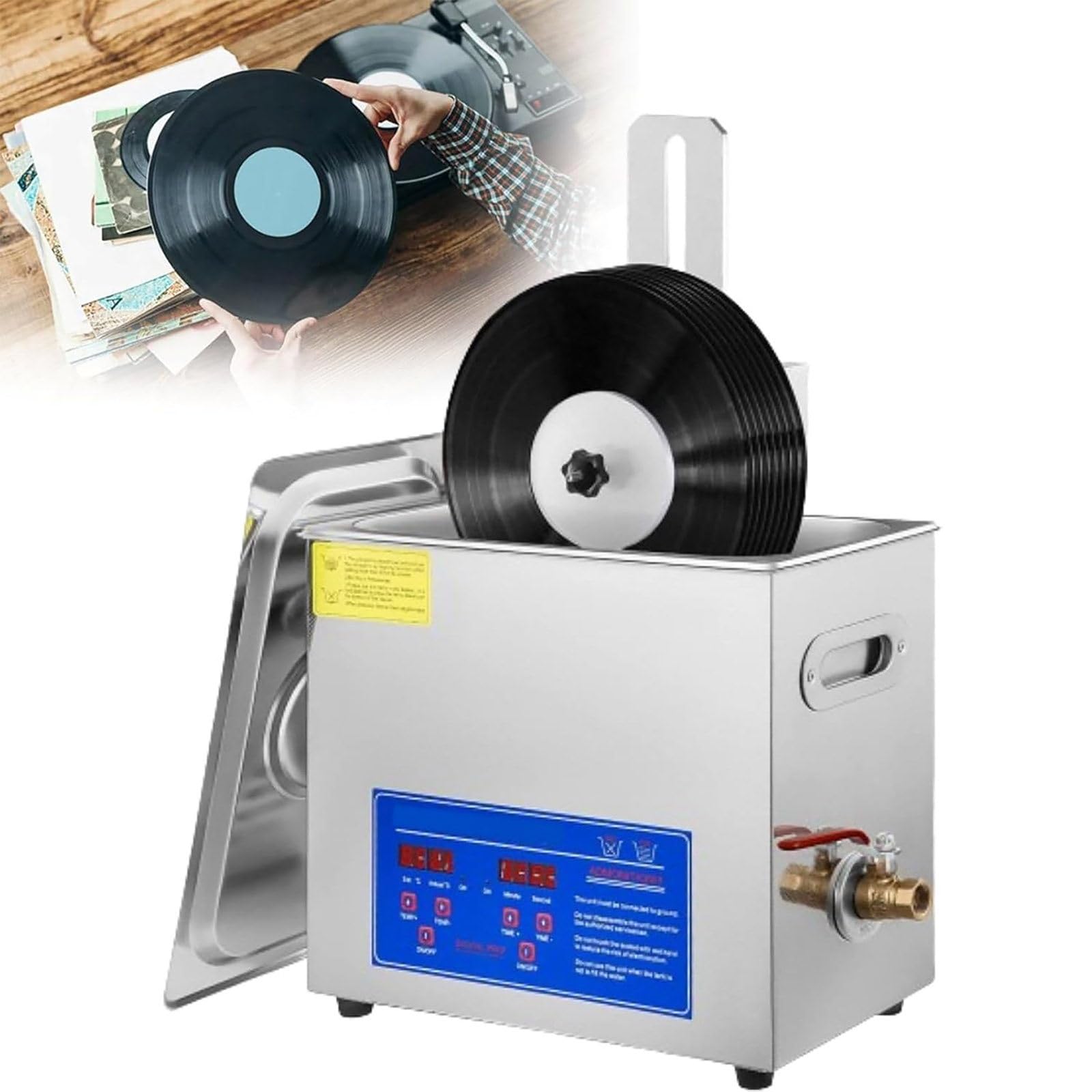 Pulitore professionale per dischi in vinile ad ultrasuoni, macchina commerciale con potenza 40 KHz 180 W, pulisce 1-4 dischi contemporaneamente, include cestino per una pulizia profonda