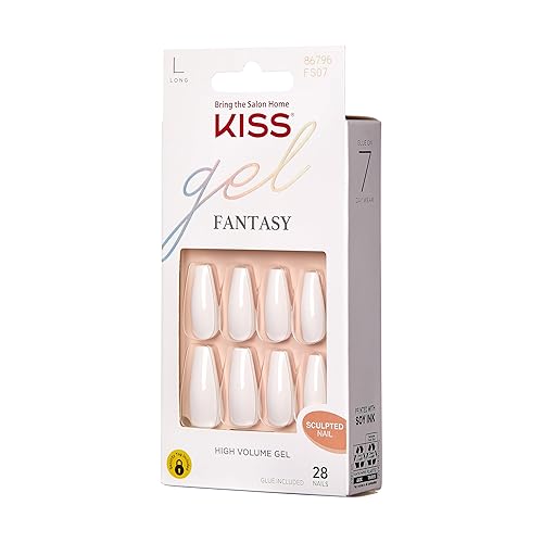 Miniatura 2 de KISS Gel Fantasy, uñas a presión, pegamento de uñas incluido, color blanco, tamaño largo, forma de ataúd, incluye 28 uñas, 0.07 oz de pegamento, 1