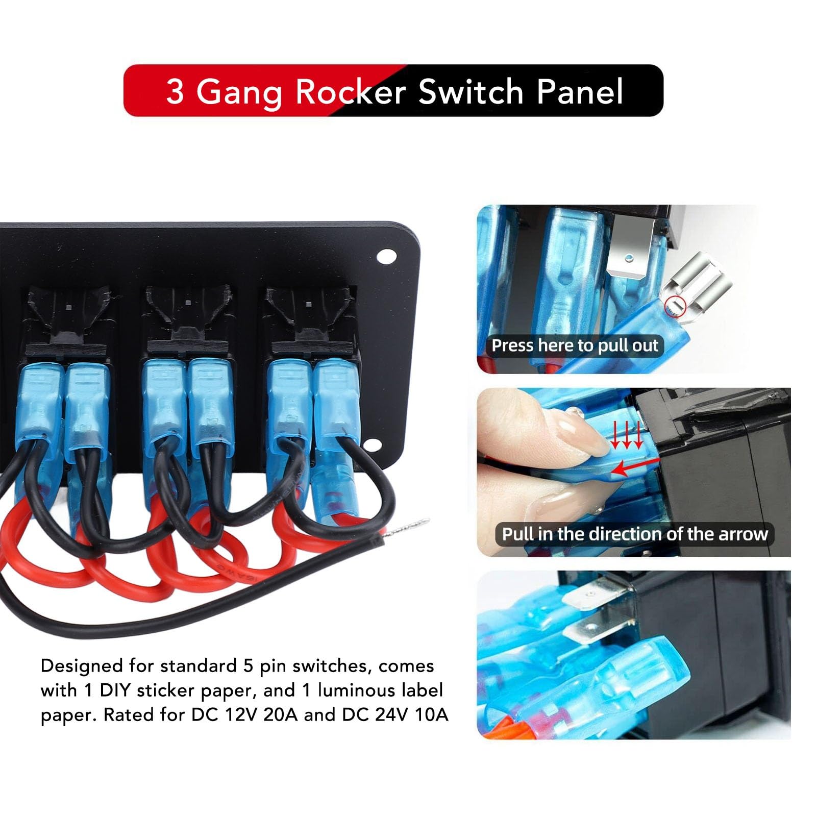 Akozon 3 Gang Rocker Switch Aluminiowy Panel, Morska Ciężarówka łodzi Podwójna ładowarka USB Voltmeter 12V 24 V z Nocnymi Naklejkami, Przykrywki Wodne Niebieska (Czerwone światło)