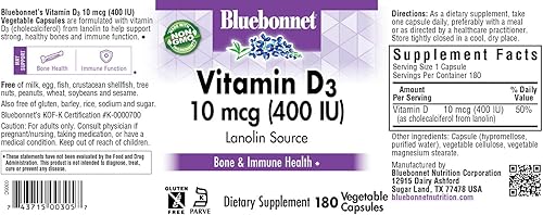 Miniatura 6 de BlueBonnet Nutrition Vitamina D3 400 UI - Cápsula vegetal, ayuda en el crecimiento muscular y esquelético, colecalciferol de lanolina, sin OMG, sin