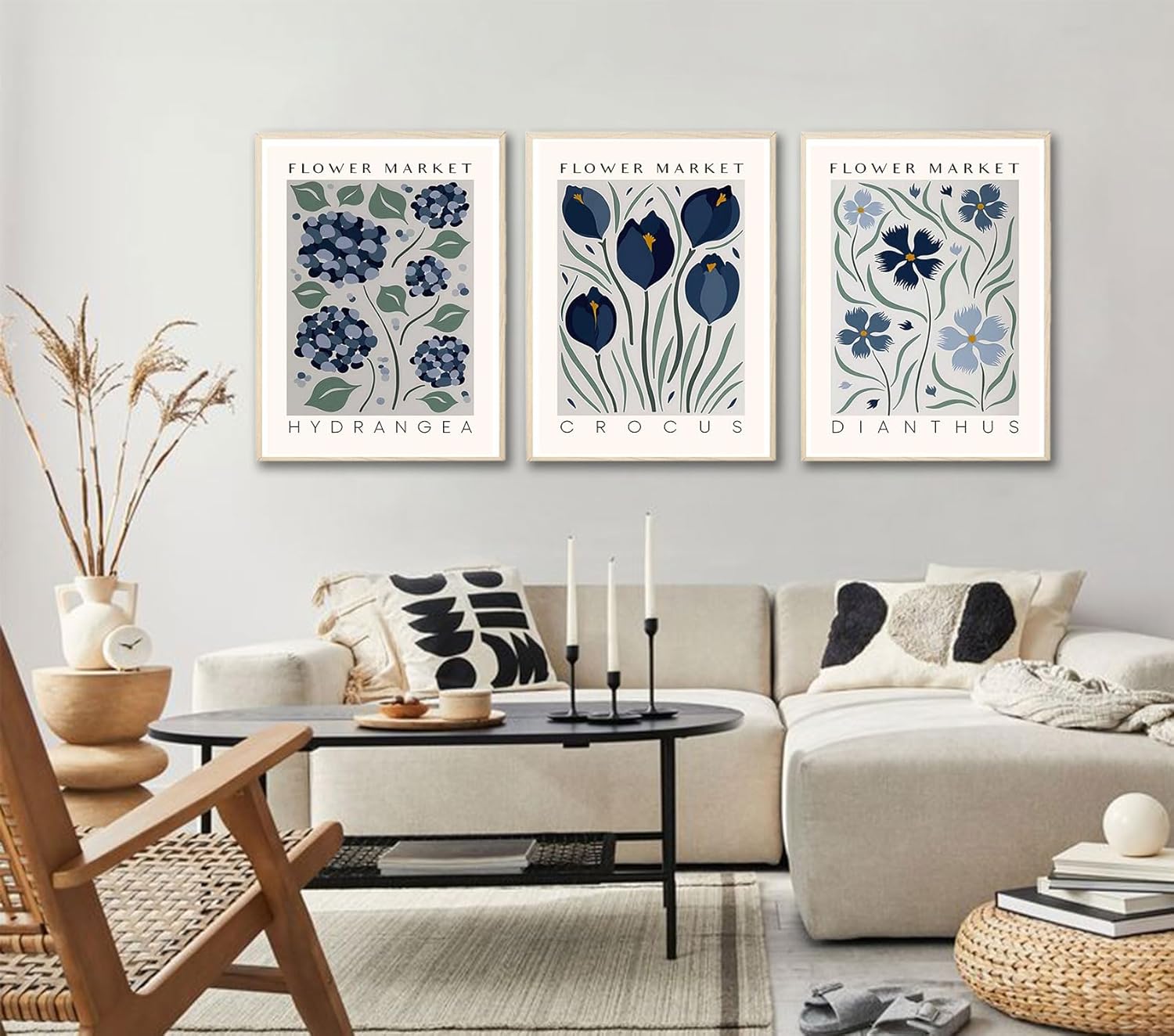 3pcs Framed Canvas Print Blue Floral Botanical Wall Art Vintage Hydrangea Crocus Dianthus Flower Poster Floral Gallery Picture For Bedroom Living Room Decor 16x24 Inches Ready To Hang