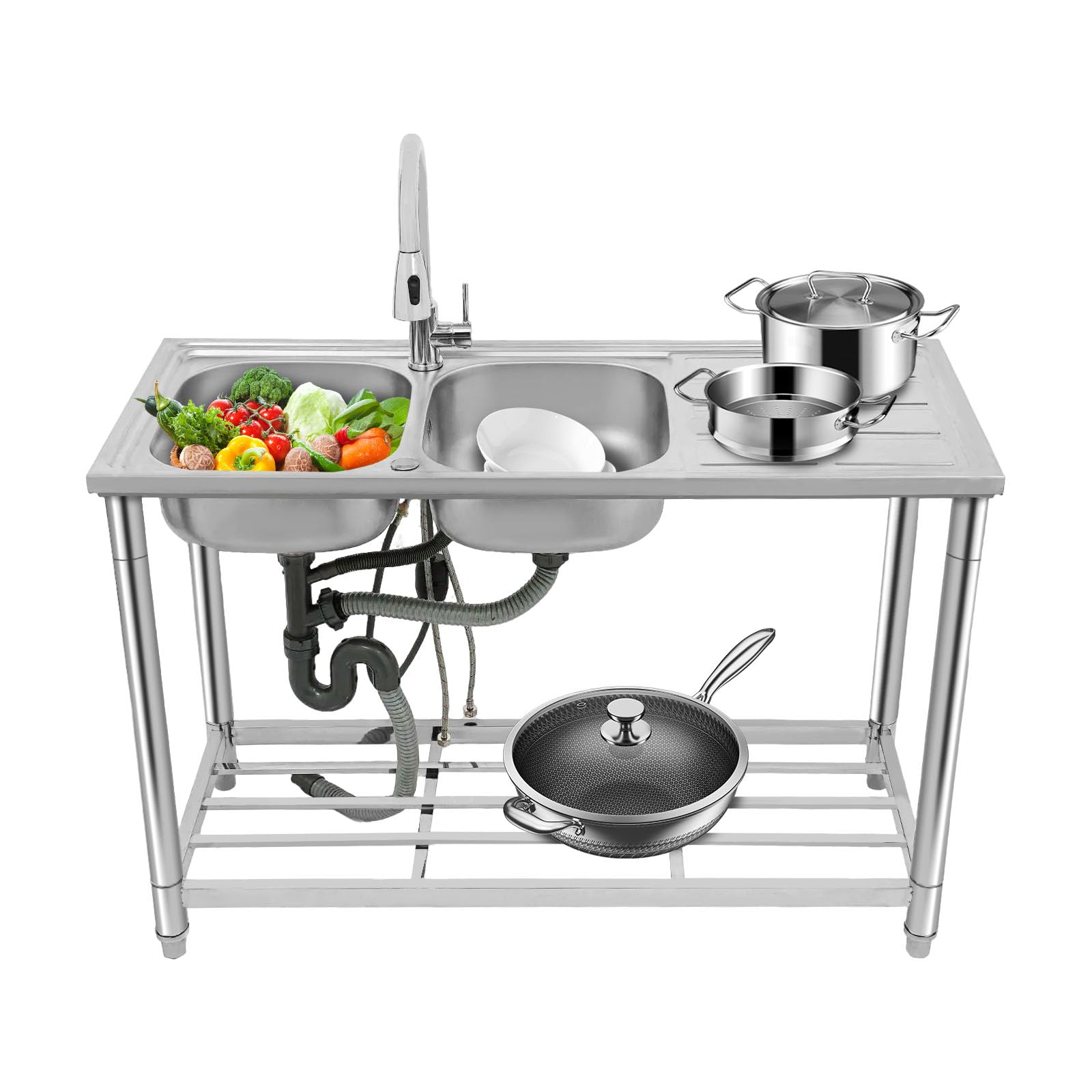 Fregadero de cocina independiente, 120 x 50 x 80 cm, de 2 cámaras, de acero inoxidable, con grifo extensible de 360 ° y lado de estante, patas ajustables para cocina, restaurante, garaje, plateado