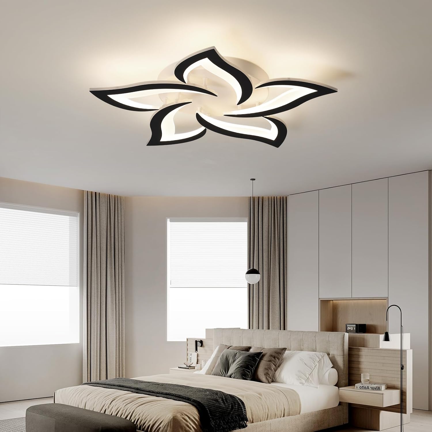 JAYMP 25.6" Flower Shaped Ceiling Light Dimmable Modern Ceiling Lamp Remote Control LED Lighting Fixture for Bedroom Dining Room Kitchen (Black/5 Petals)