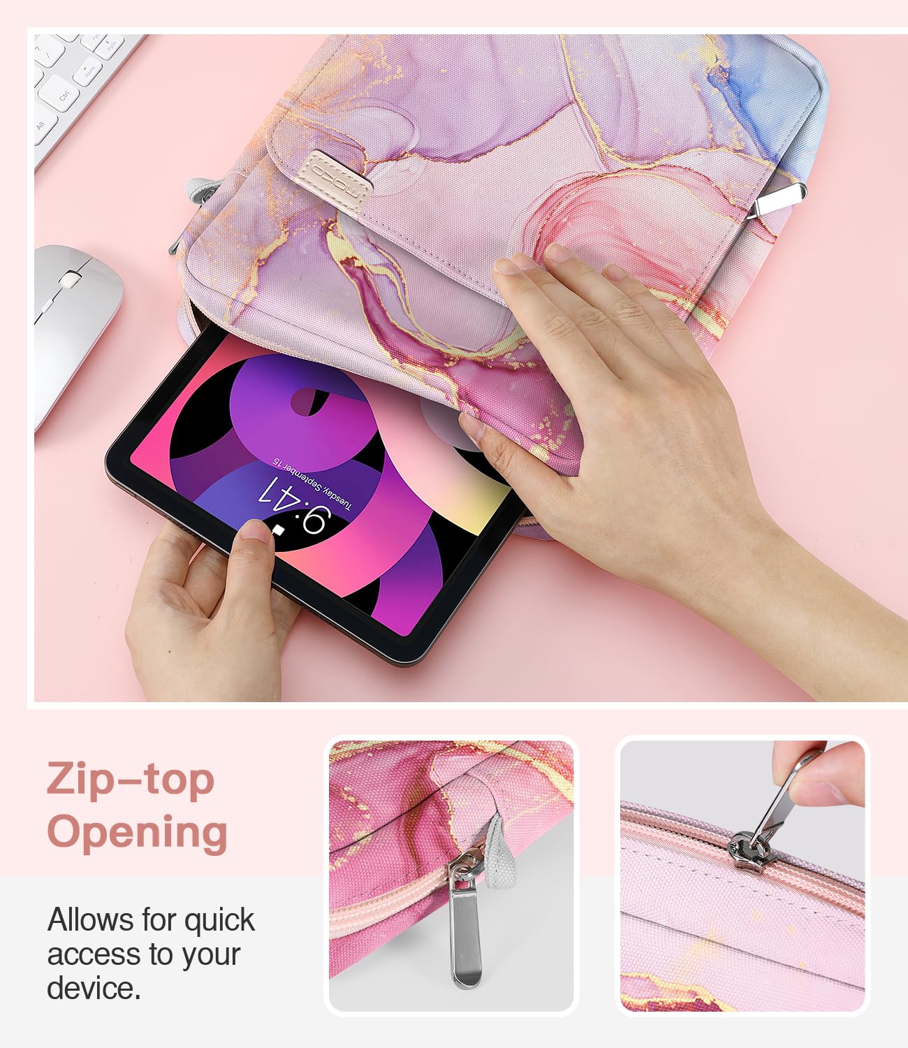 MoKo 9-11 pollici Tablet Sleeve Borsa Maniglia Custodia da trasporto con tracolla Adatto a 11 pollici iPad Air M3, iPad A16 2025, Pro 11", i-Pad 10/9/8/7th Gen, Tab S8/S9 11", Rosa nuvoloso