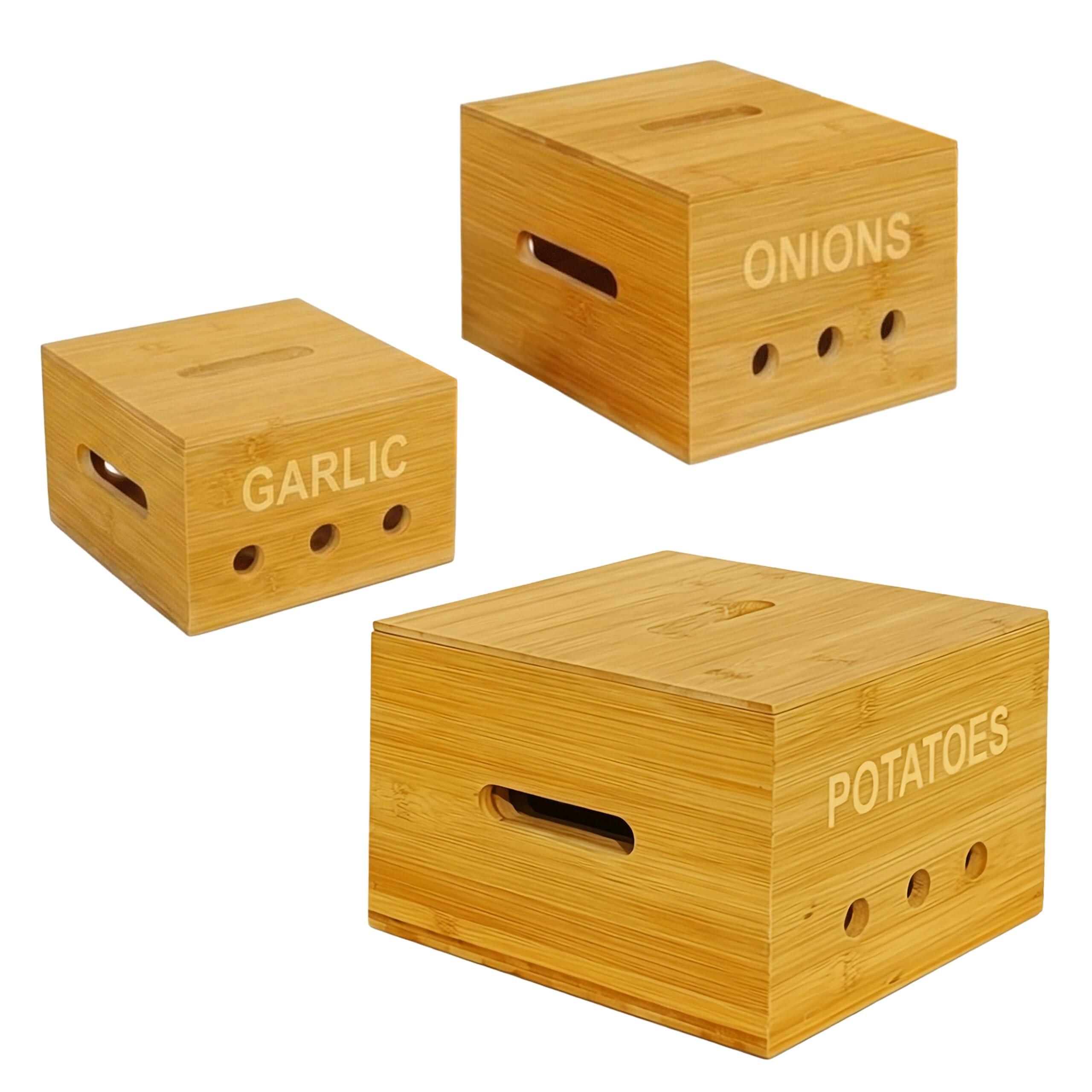 Relaxdays Cajas de almacenamiento de bambú natural, 3 tamaños, cocina | para patatas, cebollas y ajo