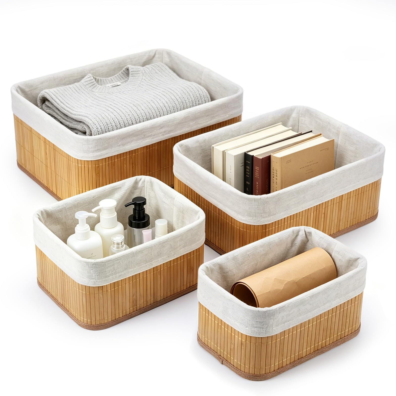Set of 4 Storage Baskets with Lining - Woven Rectangular Organiser Boxes